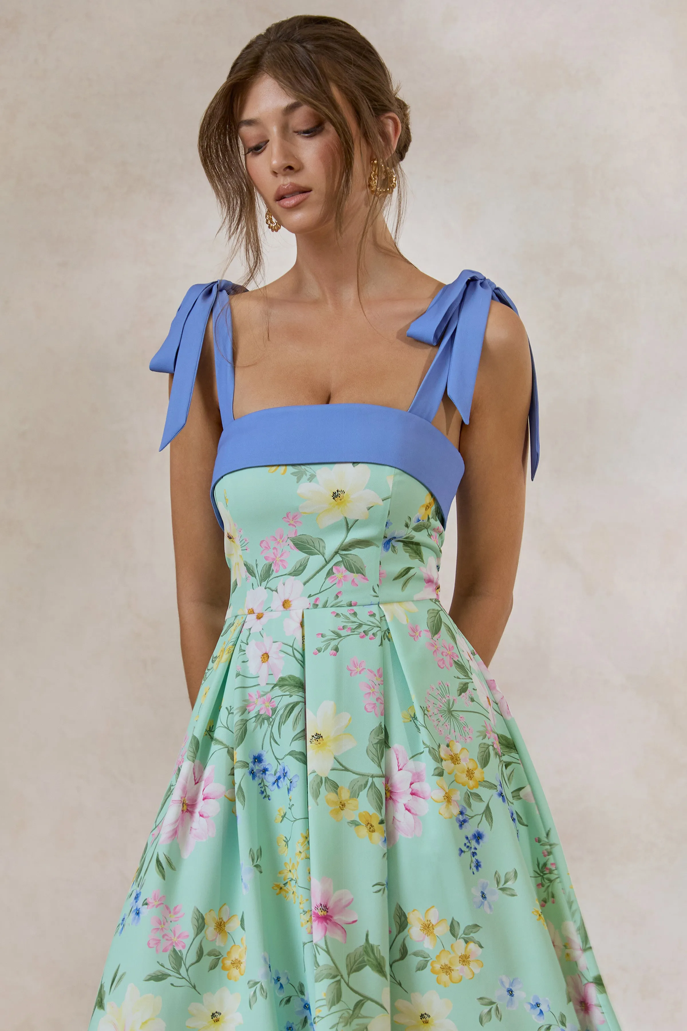 Marlisa | Mint Floral Print Square-Neck Midi Dress With Bow Straps sold by Club L London product image thumbnail 4