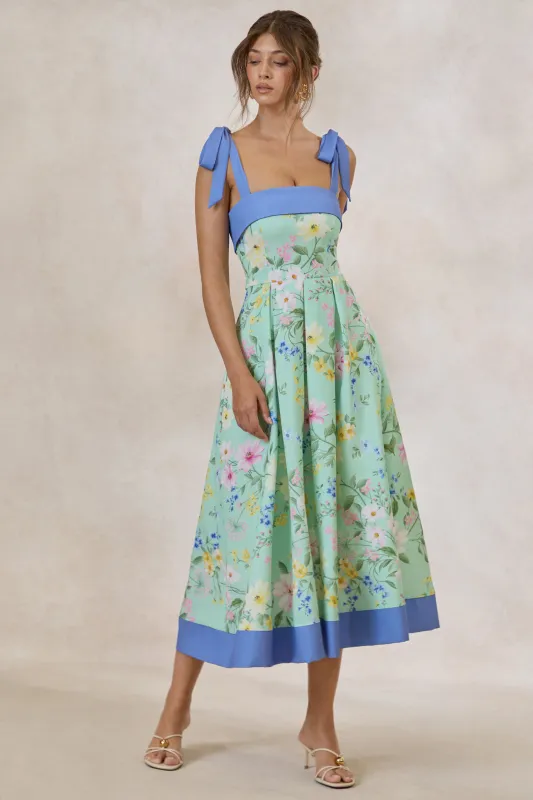 Marlisa | Mint Floral Print Square-Neck Midi Dress With Bow Straps made by Club L London
