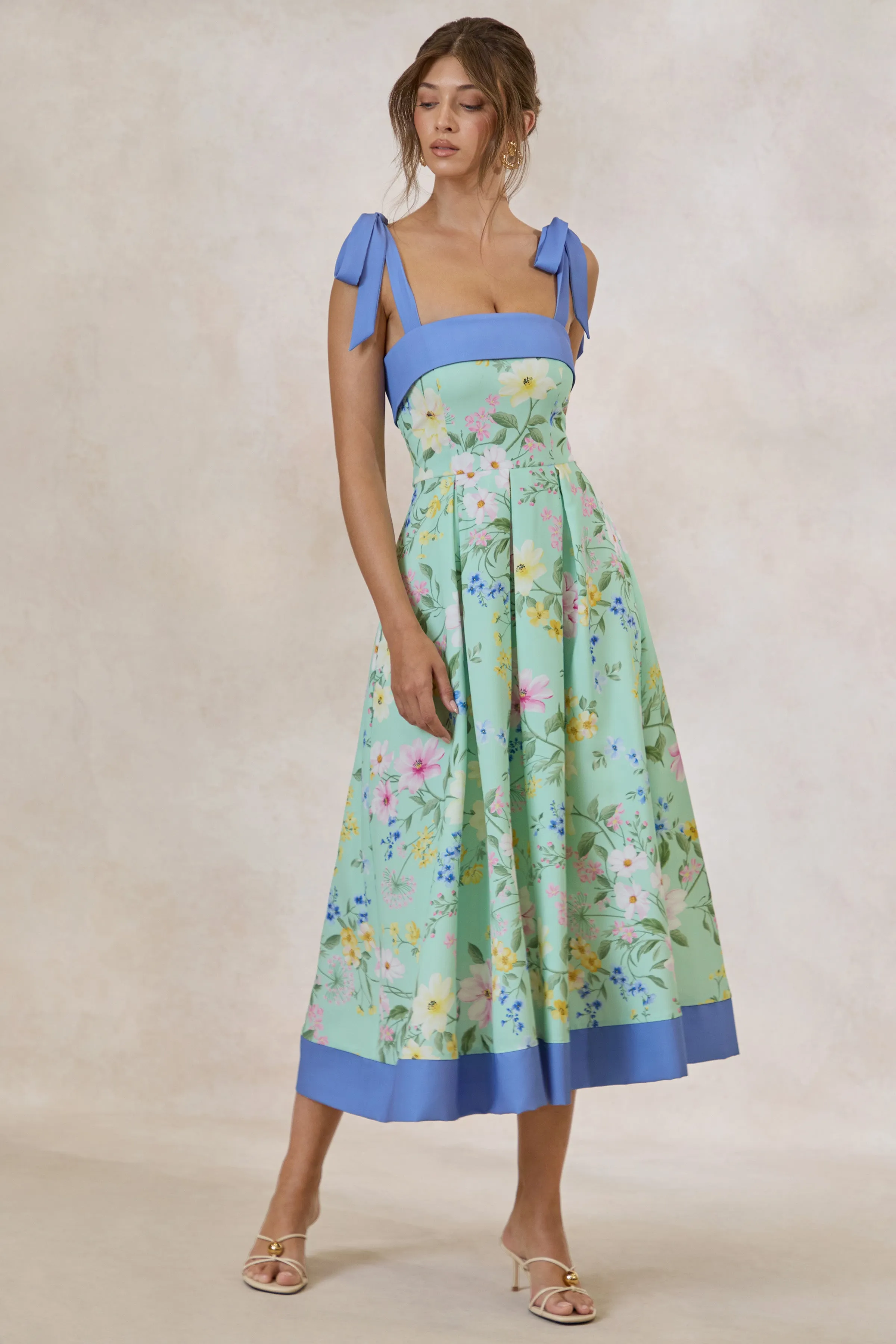 Marlisa | Mint Floral Print Square-Neck Midi Dress With Bow Straps sold by Club L London