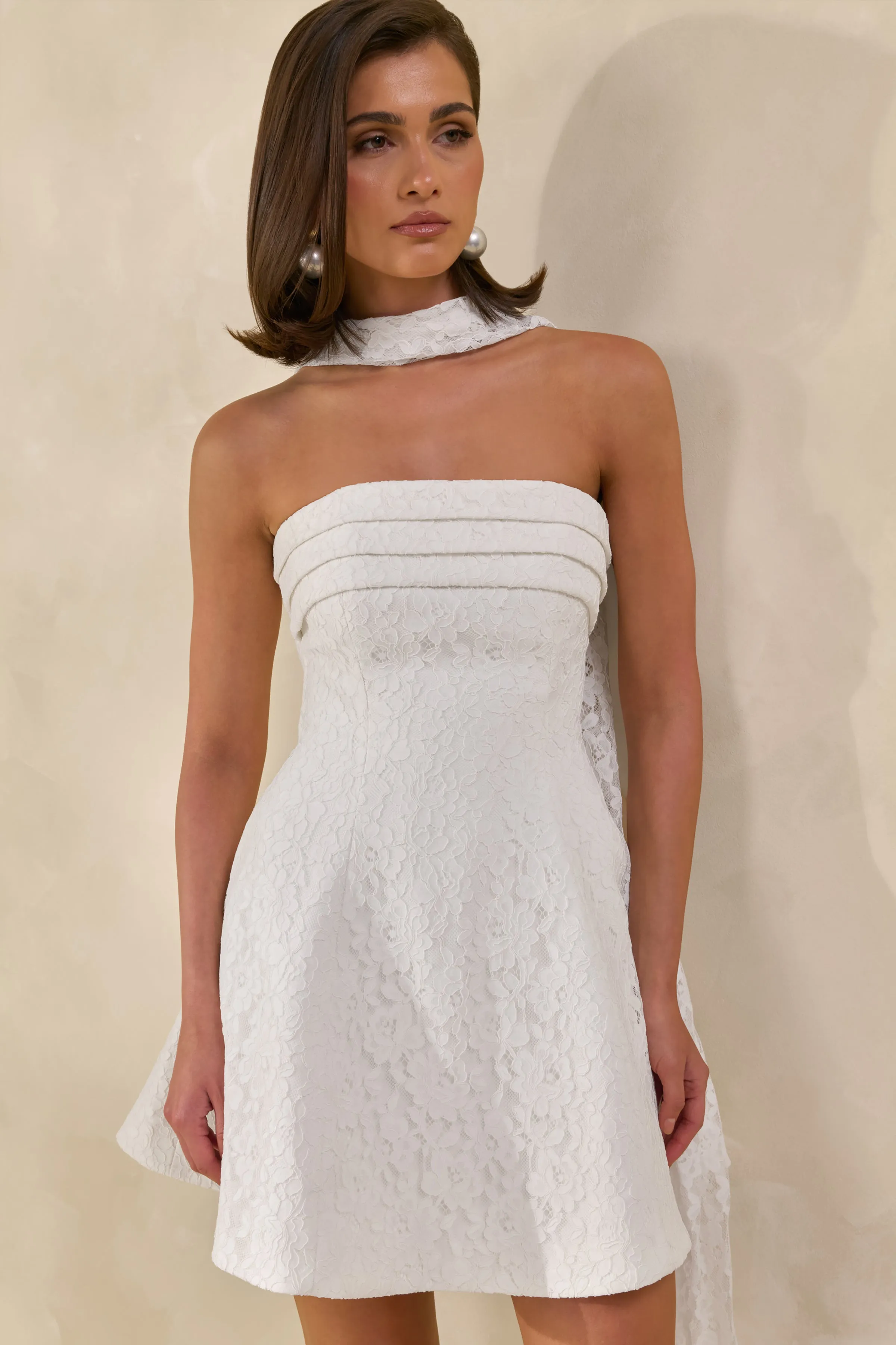 Elvara | White Lace Bandeau-Neck Mini Dress With Scarf Detail sold by Club L London product image thumbnail 5