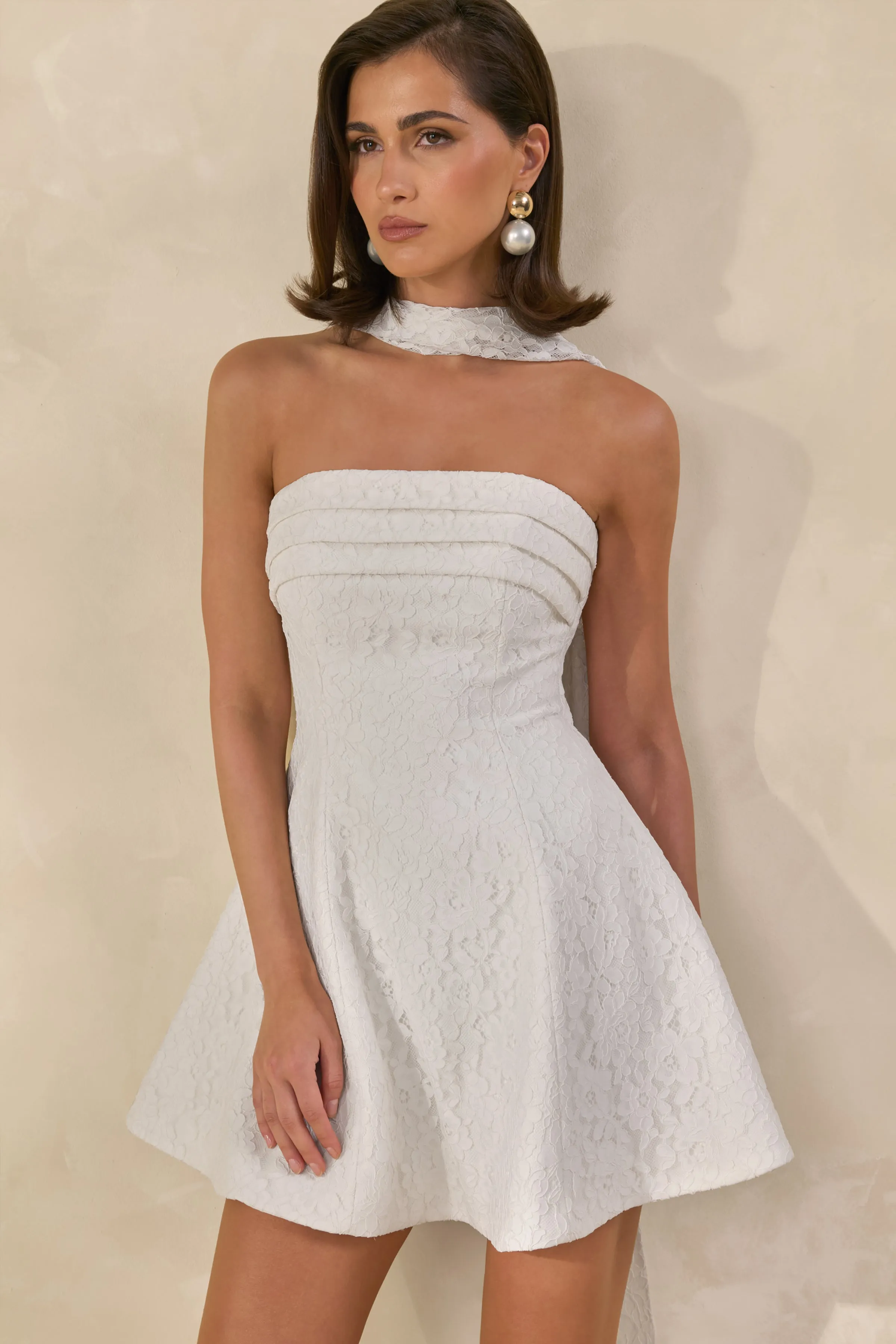 Elvara | White Lace Bandeau-Neck Mini Dress With Scarf Detail sold by Club L London product image thumbnail 3