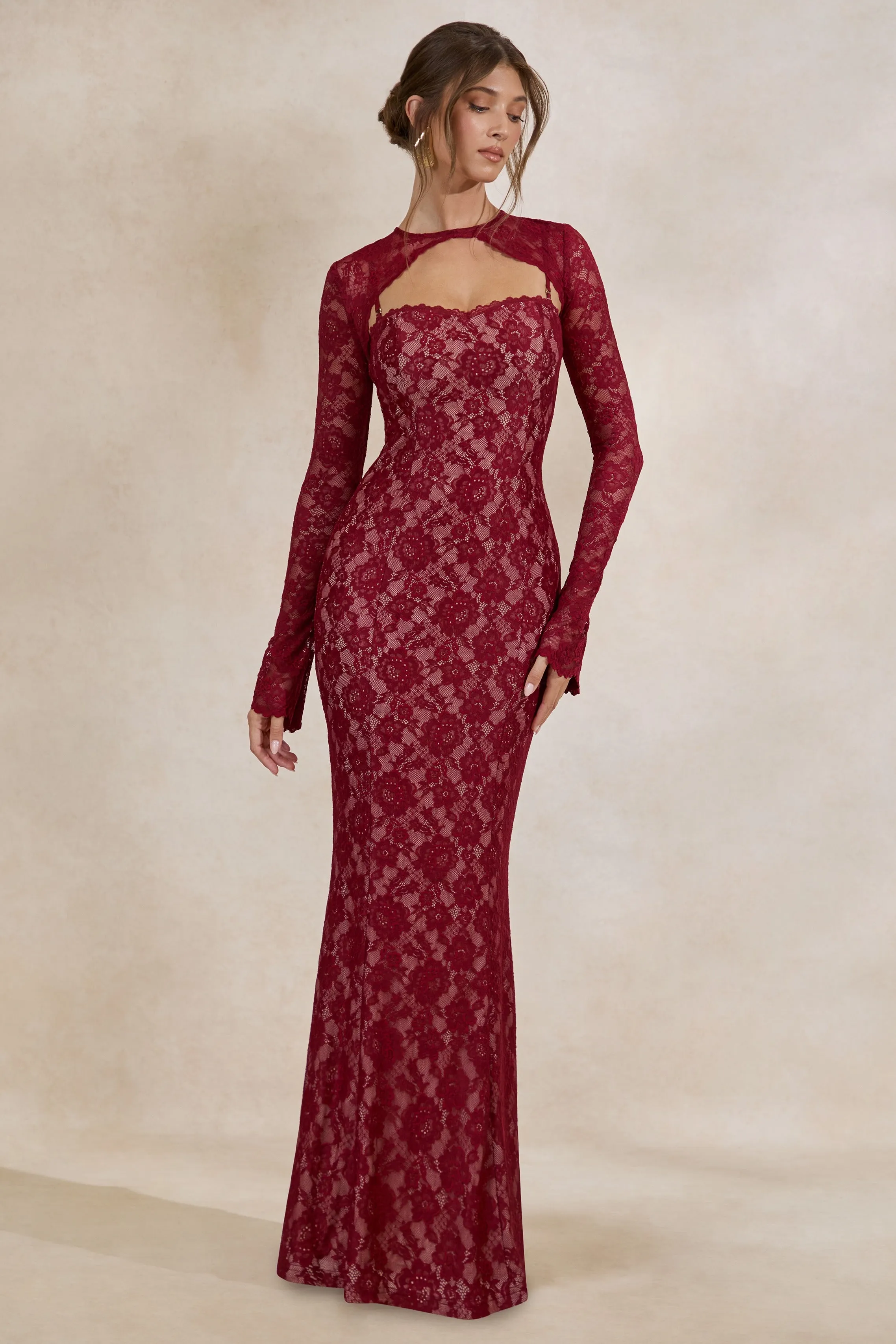 Mirellia | Dark Red Lace Sweetheart-Neck Maxi Dress sold by Club L London product image thumbnail 4