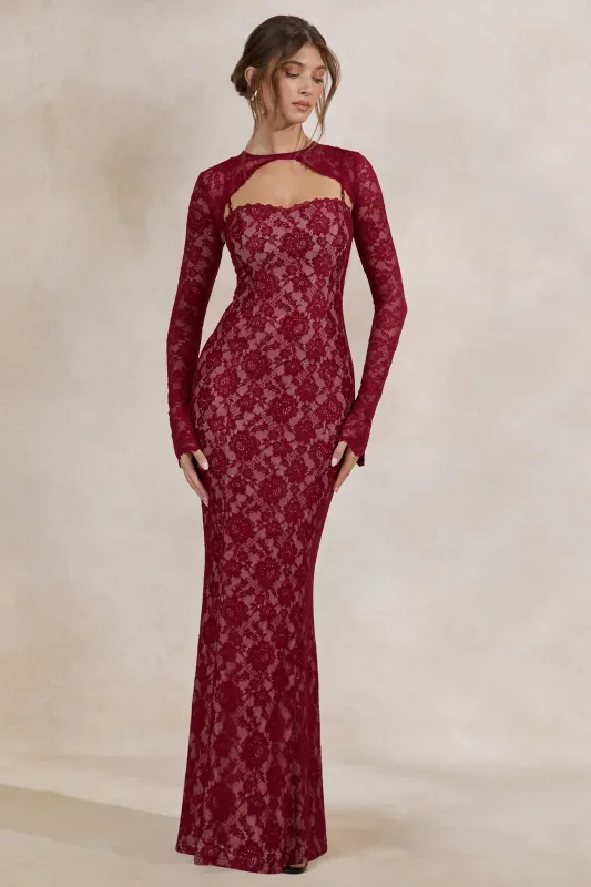 Mirellia | Dark Red Lace Sweetheart-Neck Maxi Dress made by Club L London