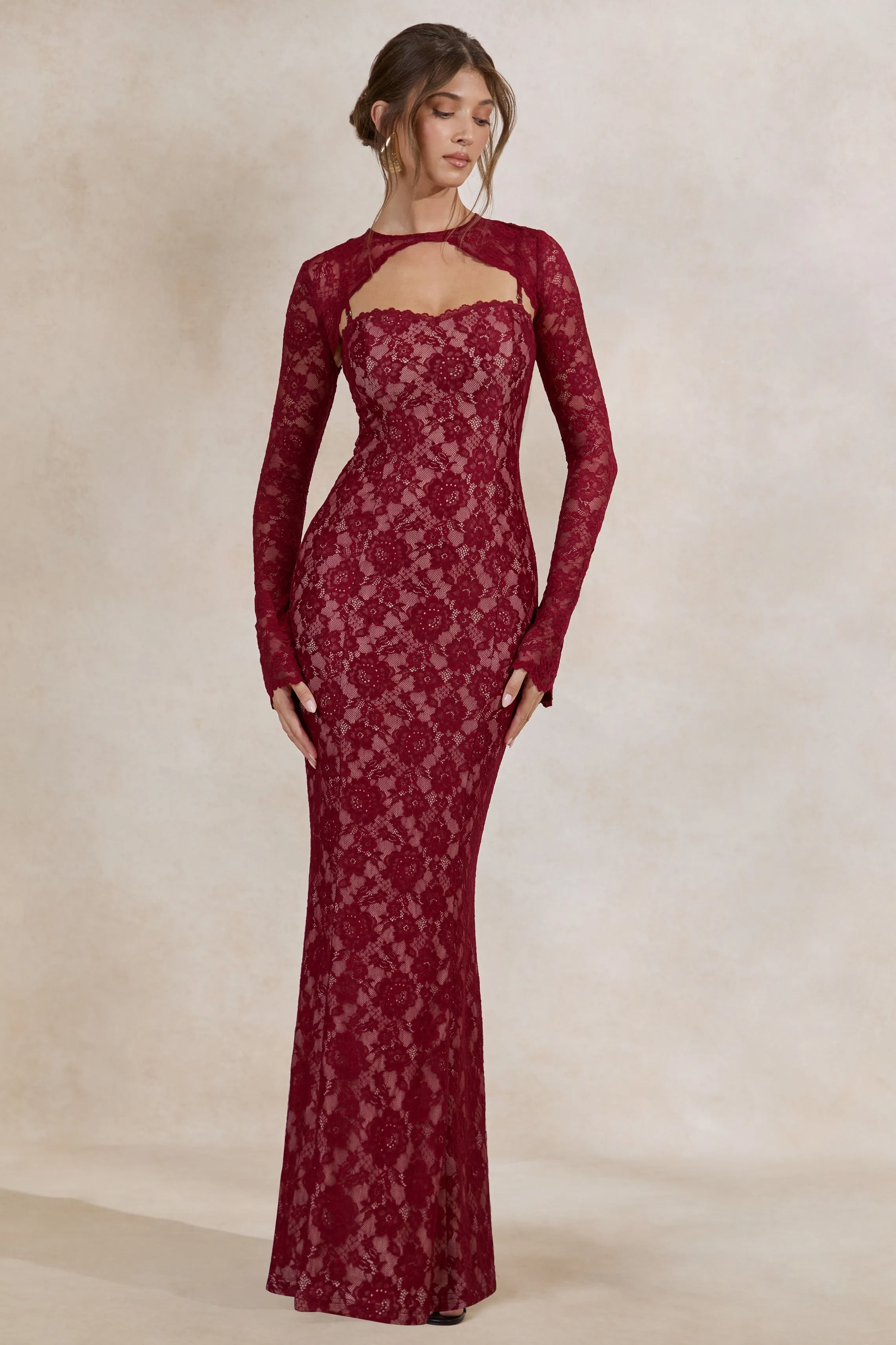 Mirellia | Dark Red Lace Sweetheart-Neck Maxi Dress sold by Club L London