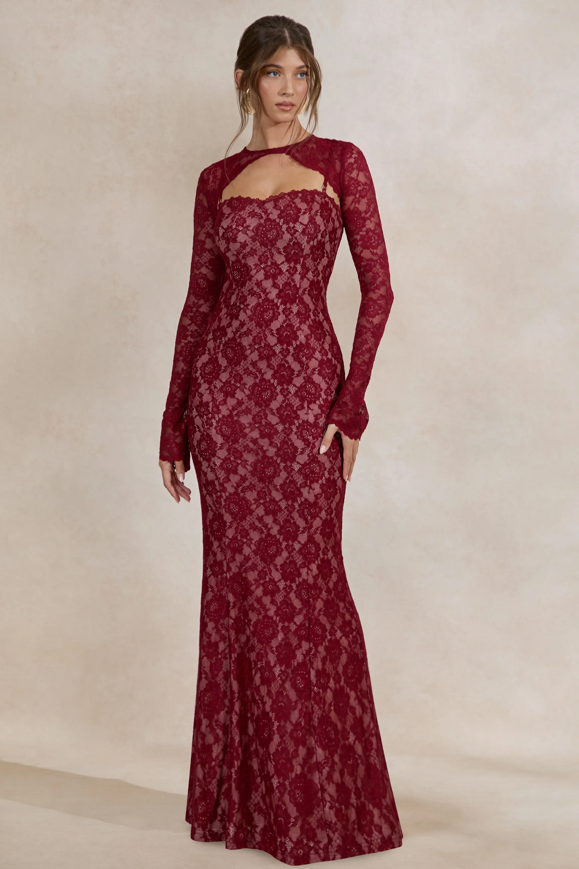 Mirellia | Dark Red Lace Sweetheart-Neck Maxi Dress sold by Club L London product image thumbnail 5