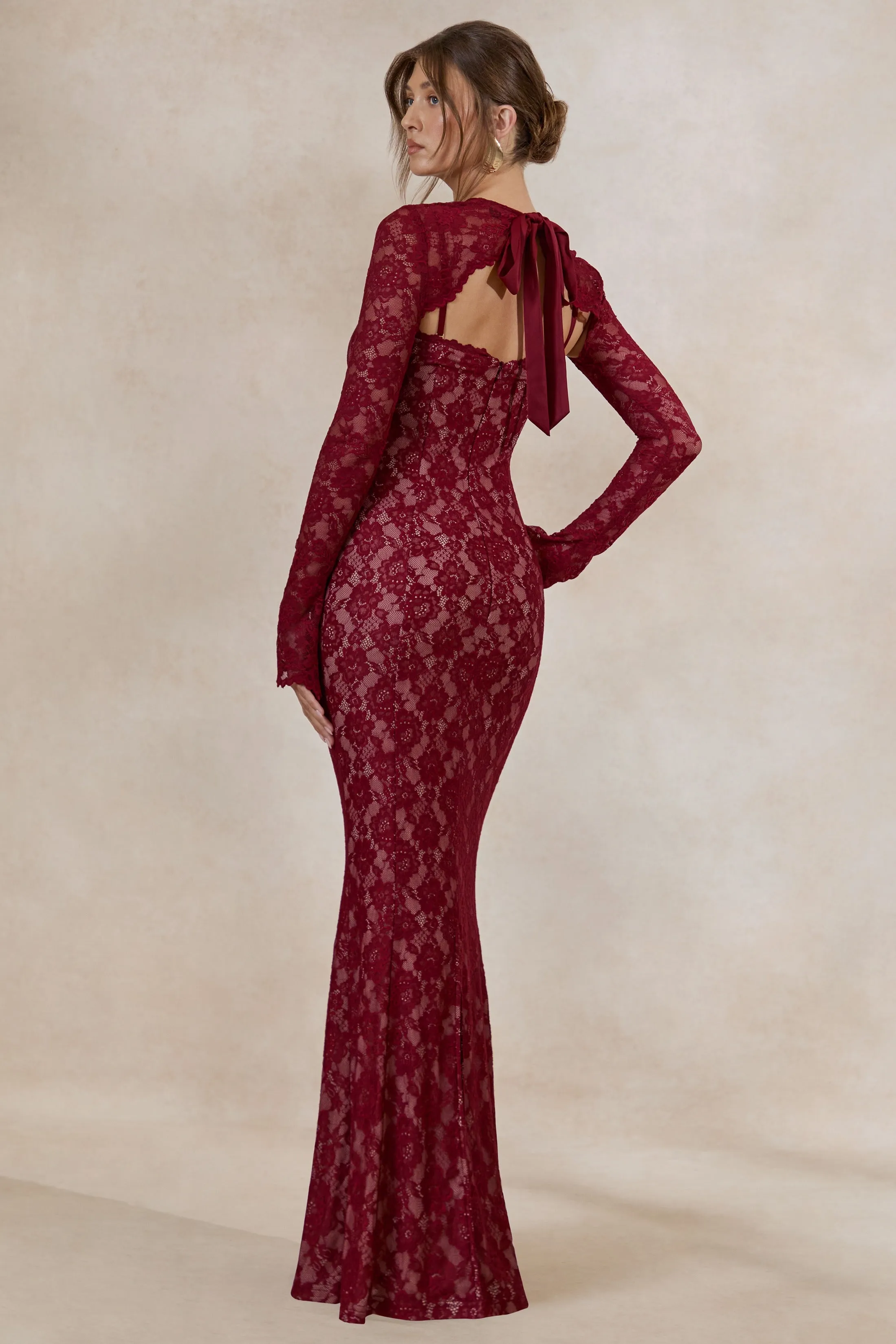Mirellia | Dark Red Lace Sweetheart-Neck Maxi Dress sold by Club L London product image thumbnail 2