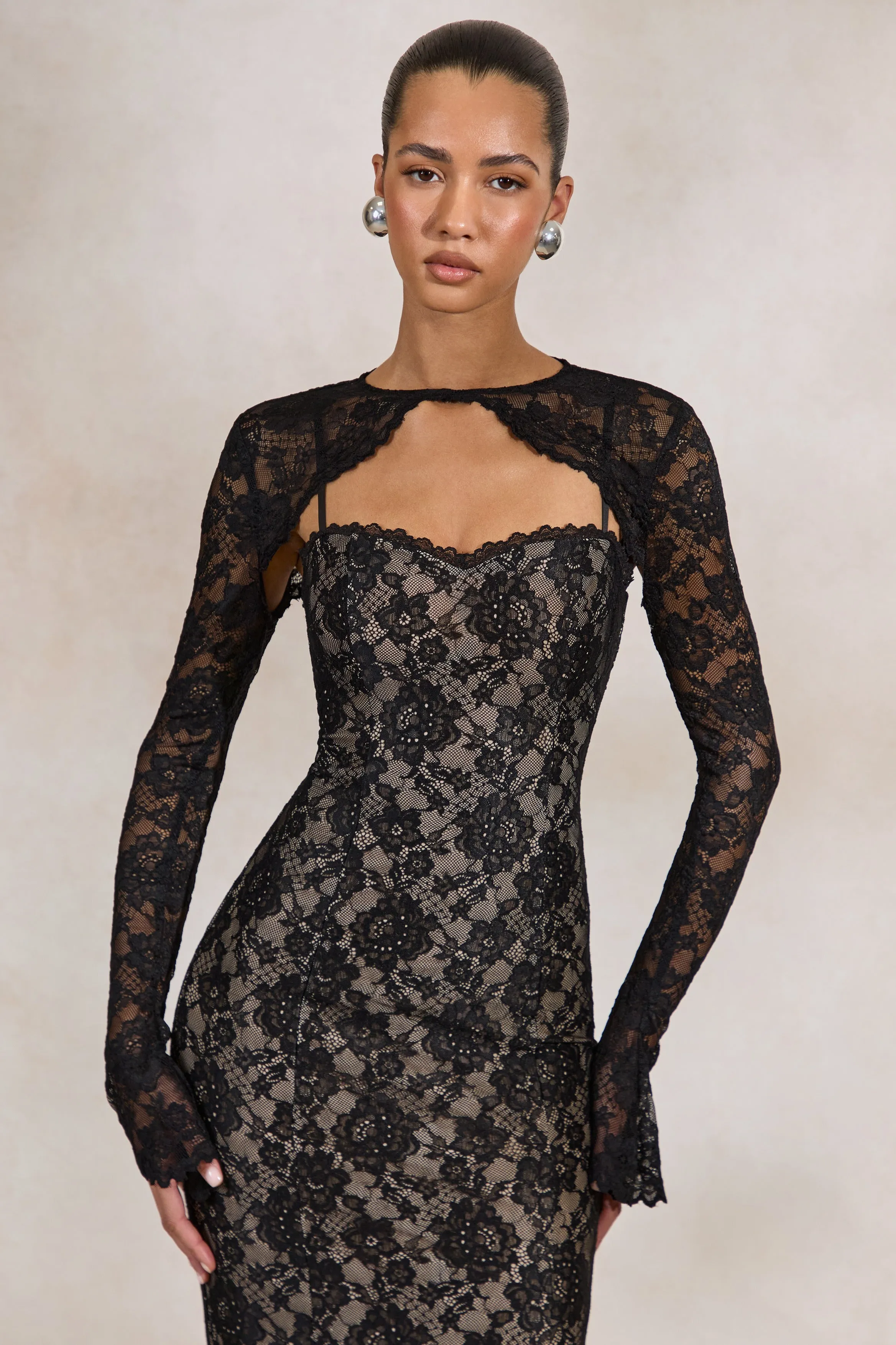 Mirellia | Black Lace Sweetheart-Neck Maxi Dress sold by Club L London product image thumbnail 3