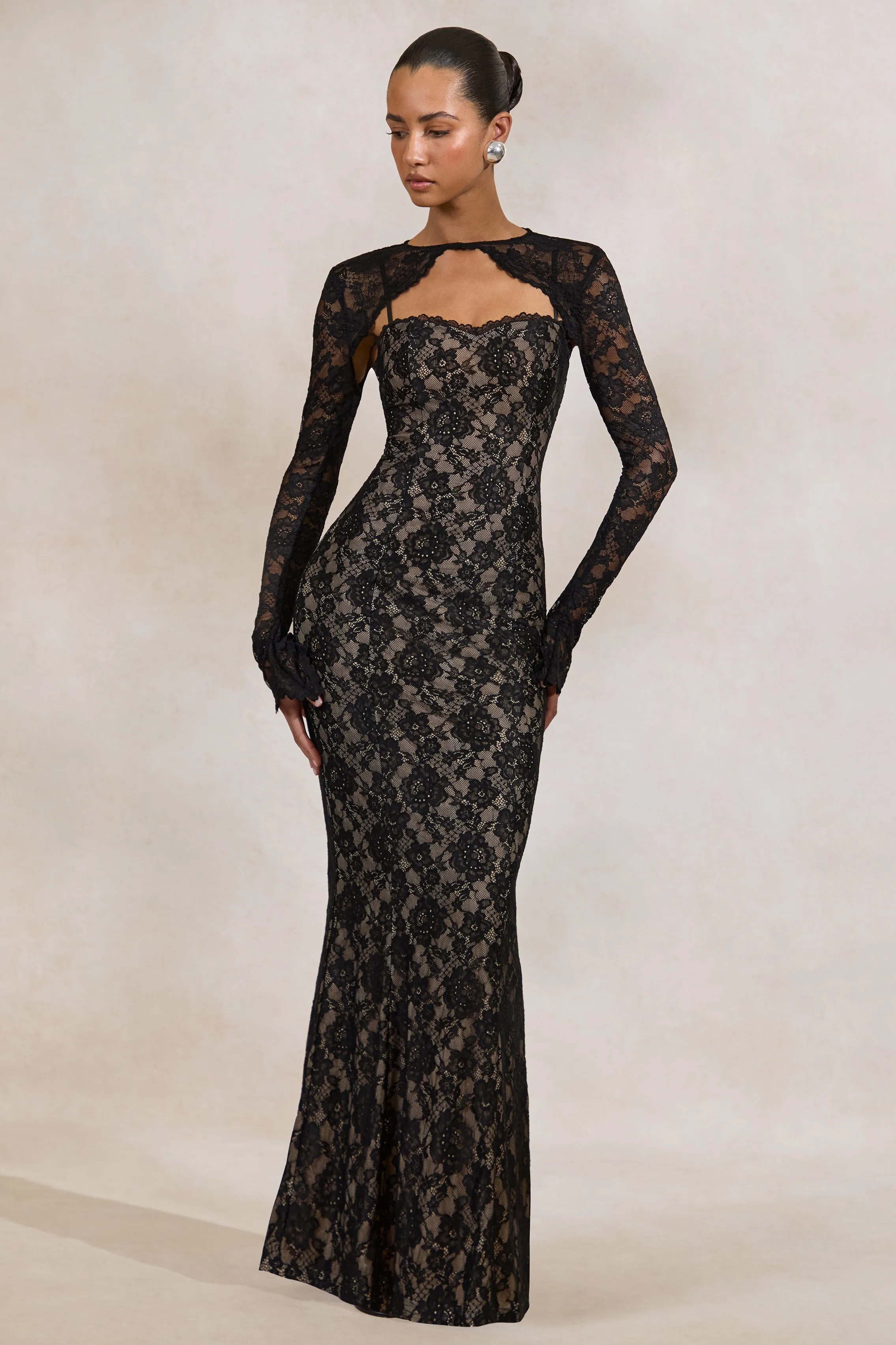 Mirellia | Black Lace Sweetheart-Neck Maxi Dress sold by Club L London