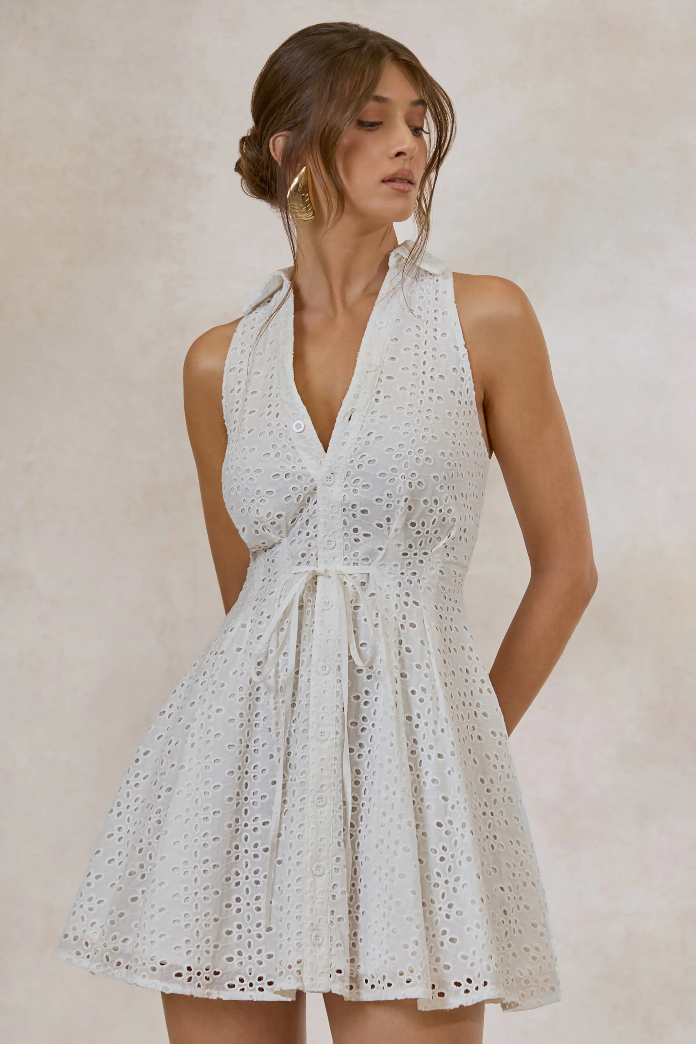 Zyraline | White Plunge-Neck Mini Dress With Bow-Detail sold by Club L London product image thumbnail 5