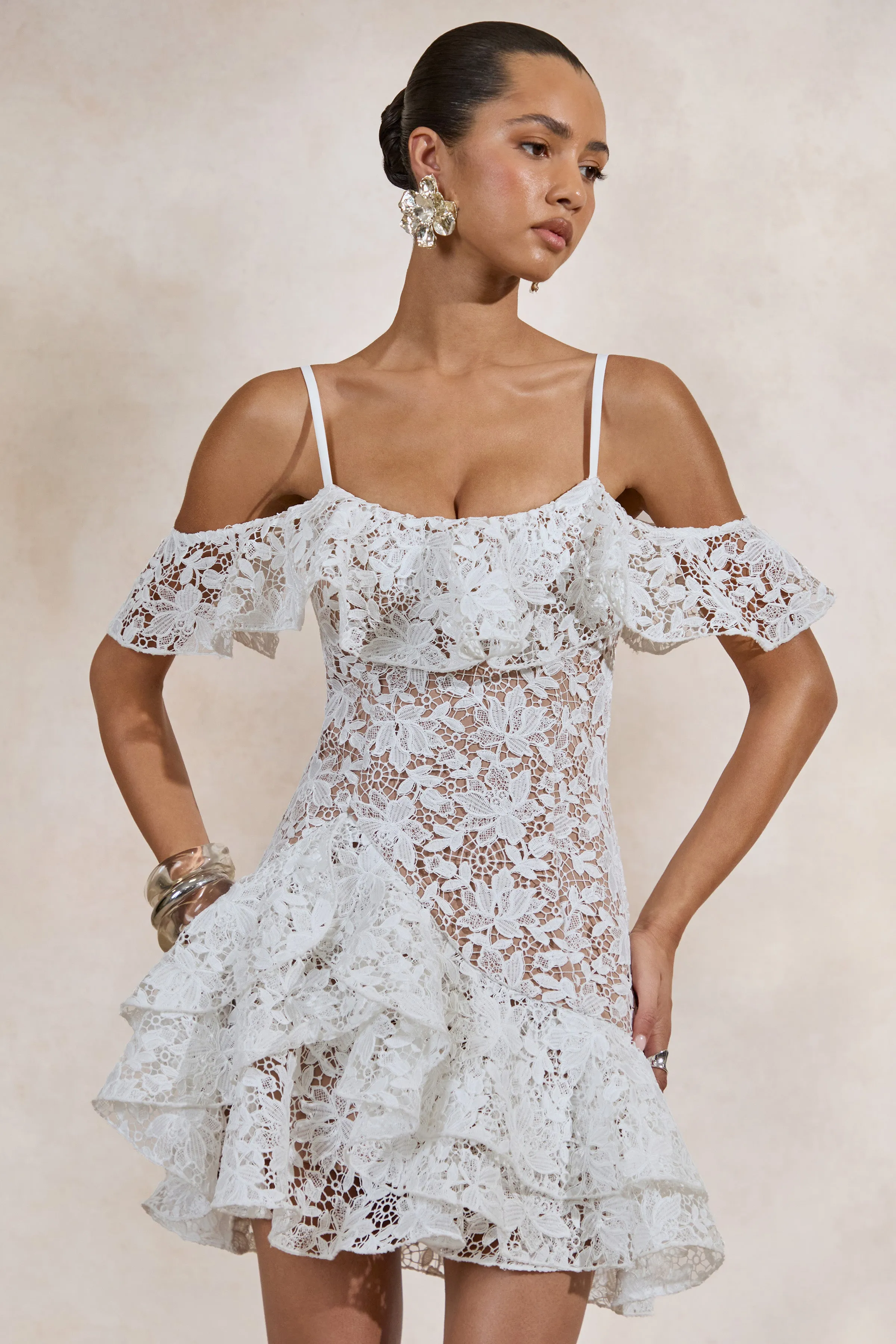 Lyris | White Lace Scoop-Neck Mini Dress With Ruffled Detailing sold by Club L London product image thumbnail 3