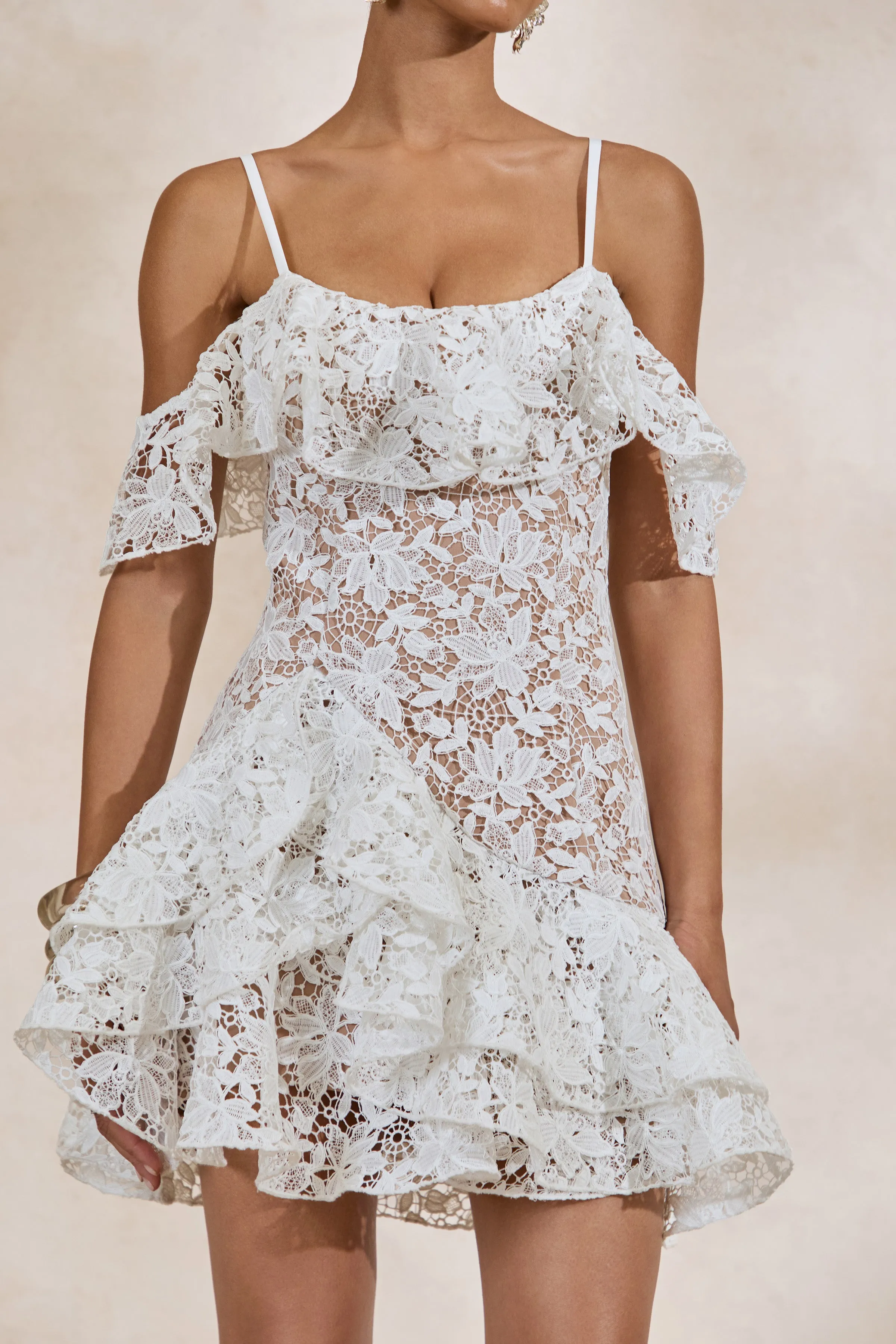 Lyris | White Lace Scoop-Neck Mini Dress With Ruffled Detailing sold by Club L London product image thumbnail 4