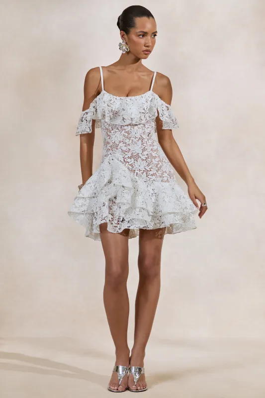 Lyris | White Lace Scoop-Neck Mini Dress With Ruffled Detailing made by Club L London