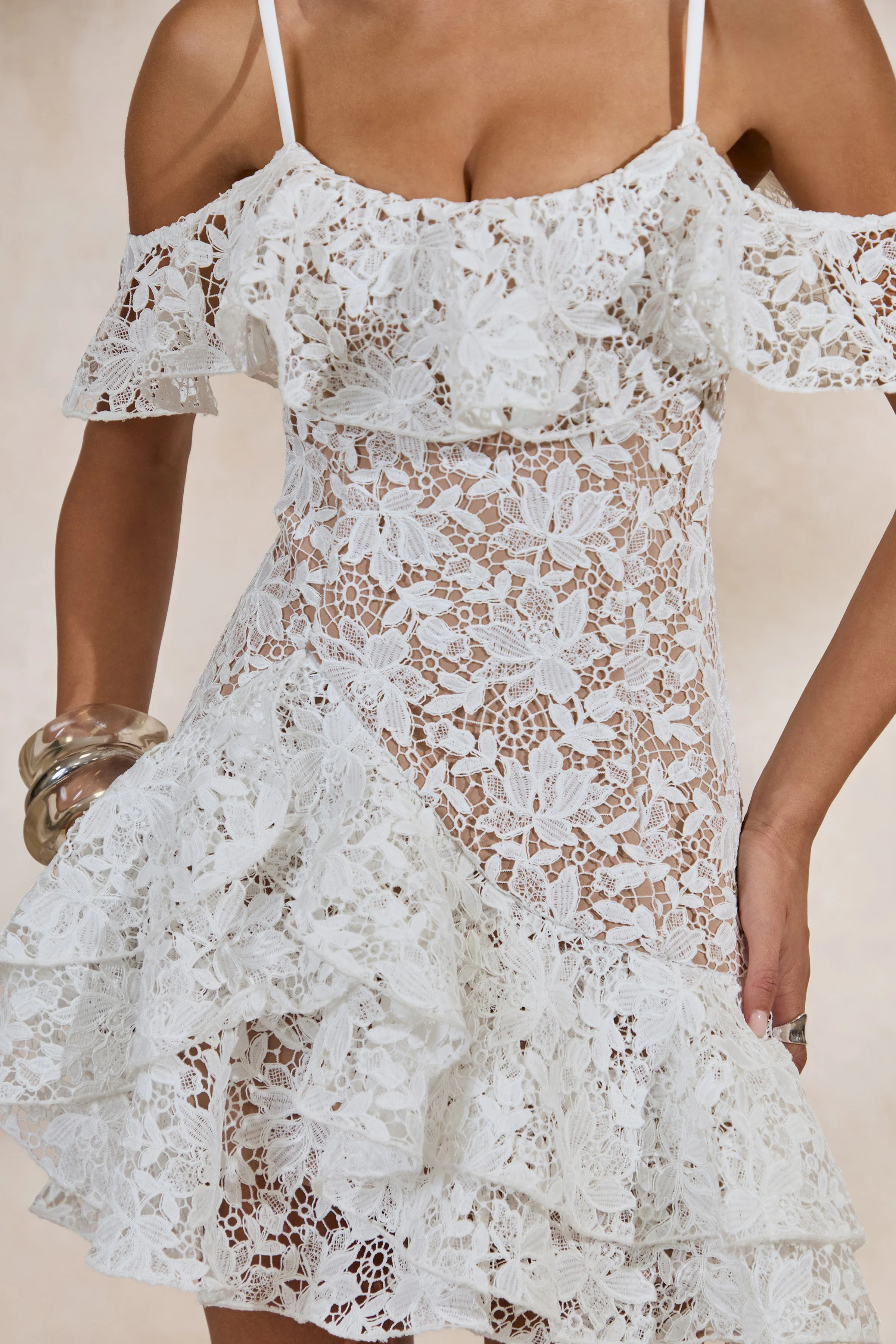 Lyris | White Lace Scoop-Neck Mini Dress With Ruffled Detailing sold by Club L London product image thumbnail 5