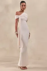 Esalina | Cream Asymmetric-Neck Maxi Dress With Sash sold by Club L London product image thumbnail 4