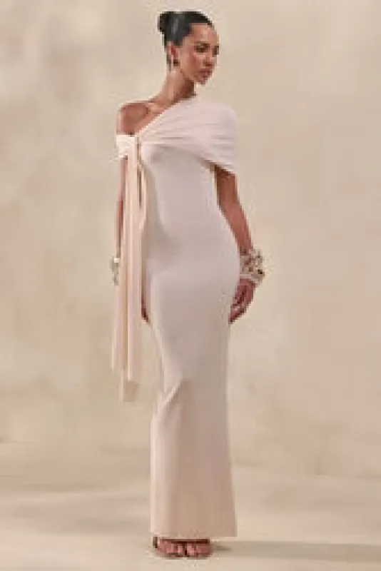 Esalina | Cream Asymmetric-Neck Maxi Dress With Sash made by Club L London