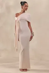 Esalina | Cream Asymmetric-Neck Maxi Dress With Sash sold by Club L London