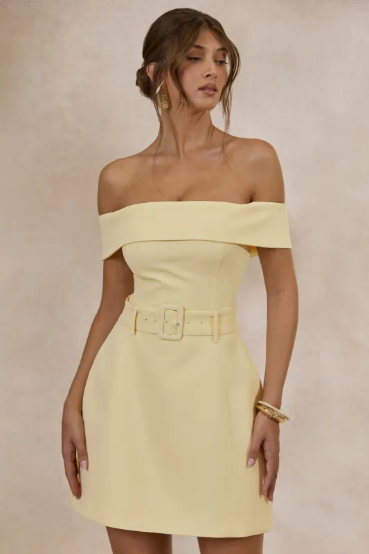 Cilly | Lemon Bardot-Neck Mini-Dress With Belt-Detail made by Club L London