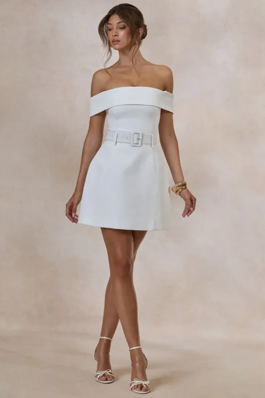 Cilly | White Bardot-Neck Mini-Dress With Belt-Detail made by Club L London