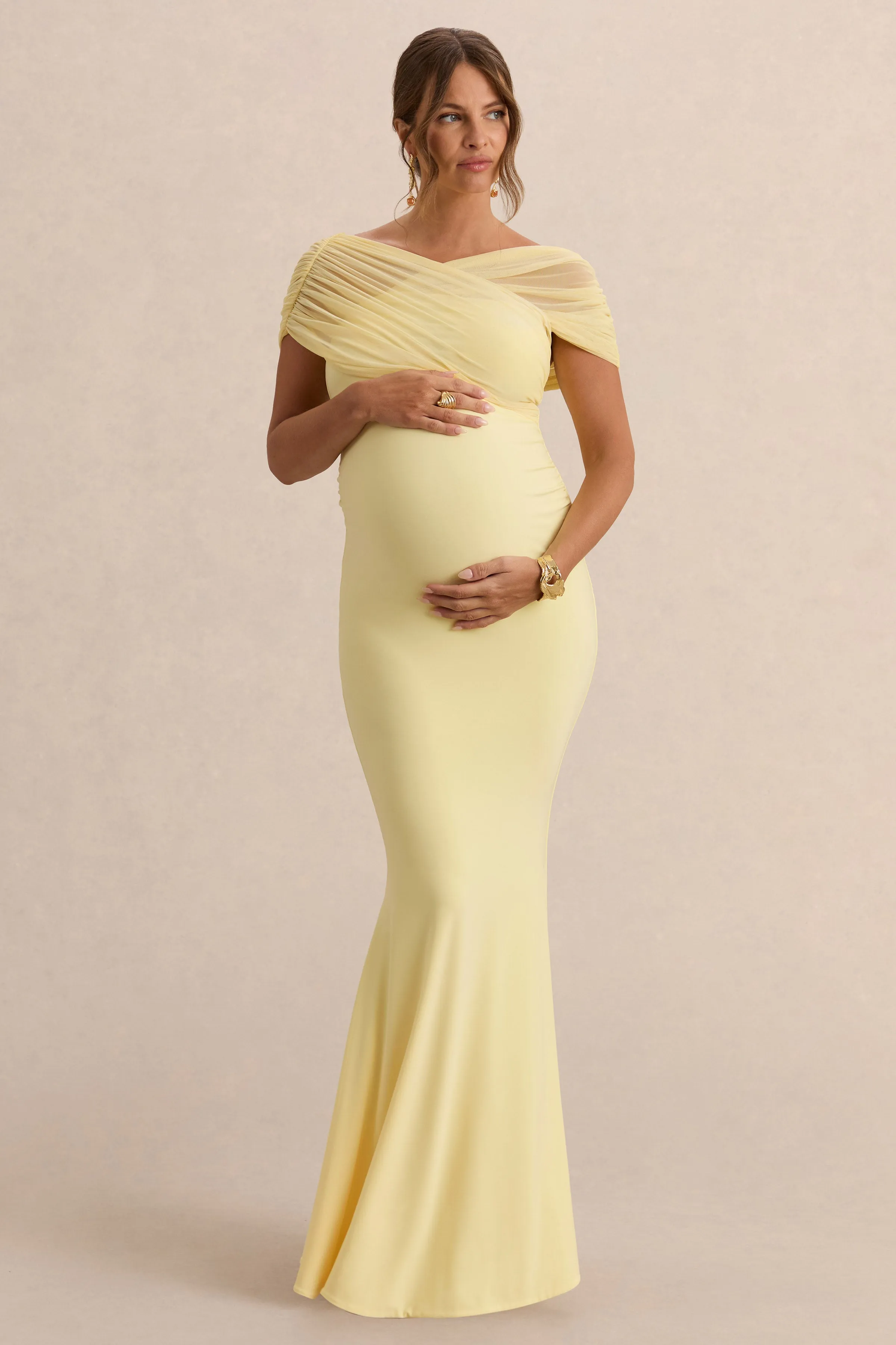 Elin | Lemon Bardot-Neck Maternity Maxi Dress sold by Club L London