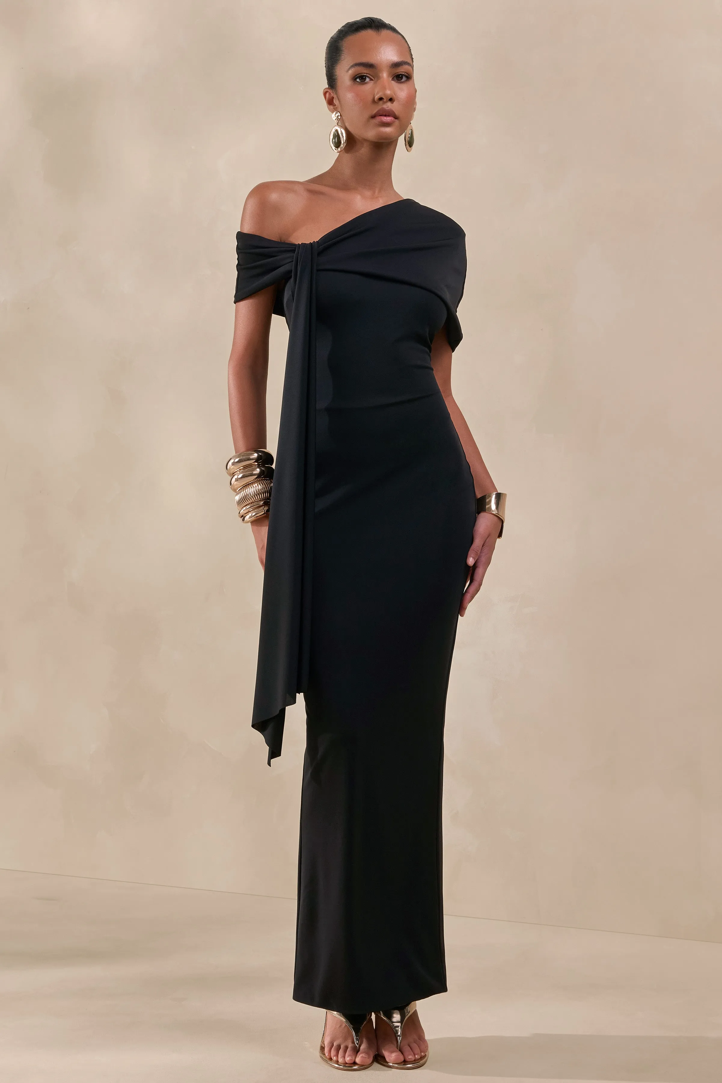 Esalina | Black Asymmetric-Neck Maxi Dress With Sash sold by Club L London product image thumbnail 3