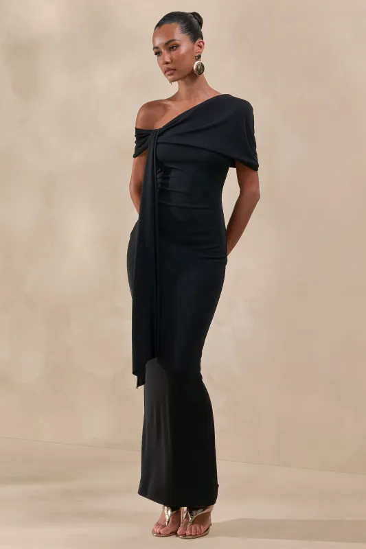 Esalina | Black Asymmetric-Neck Maxi Dress With Sash made by Club L London