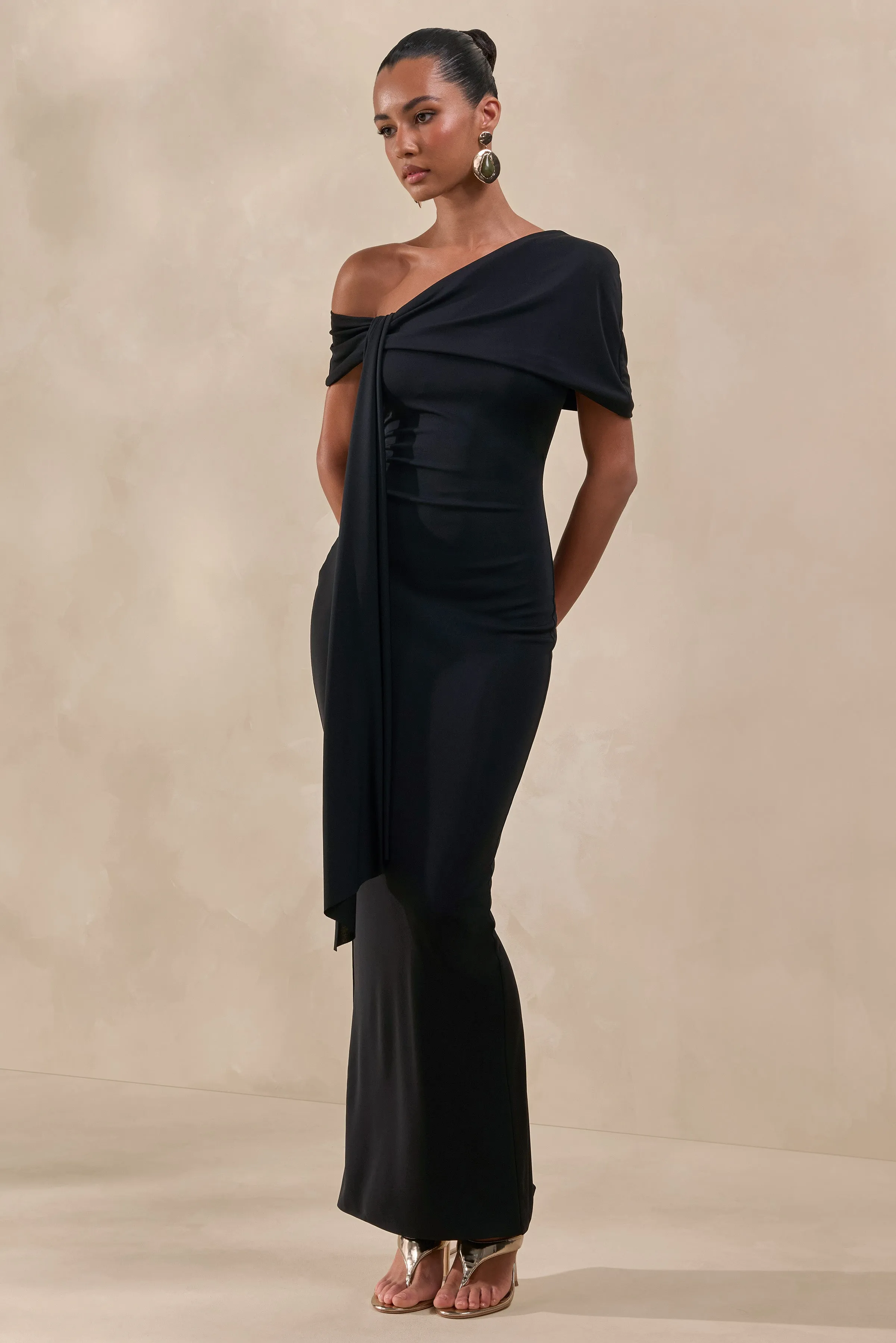 Esalina | Black Asymmetric-Neck Maxi Dress With Sash sold by Club L London