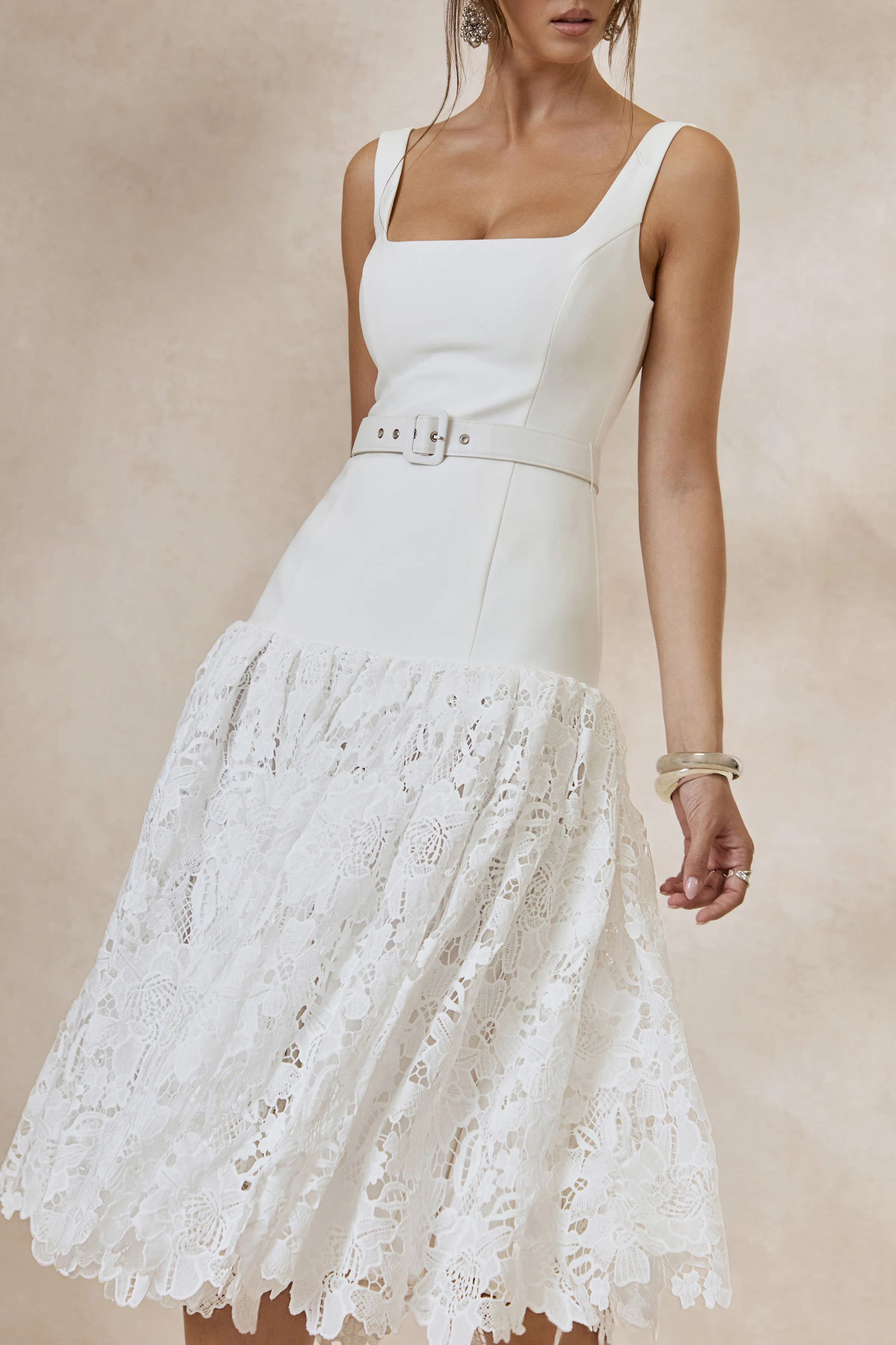 Norrie | White Lace Square-Neck Midi Dress With Voluminous Lace Skirt sold by Club L London product image thumbnail 4
