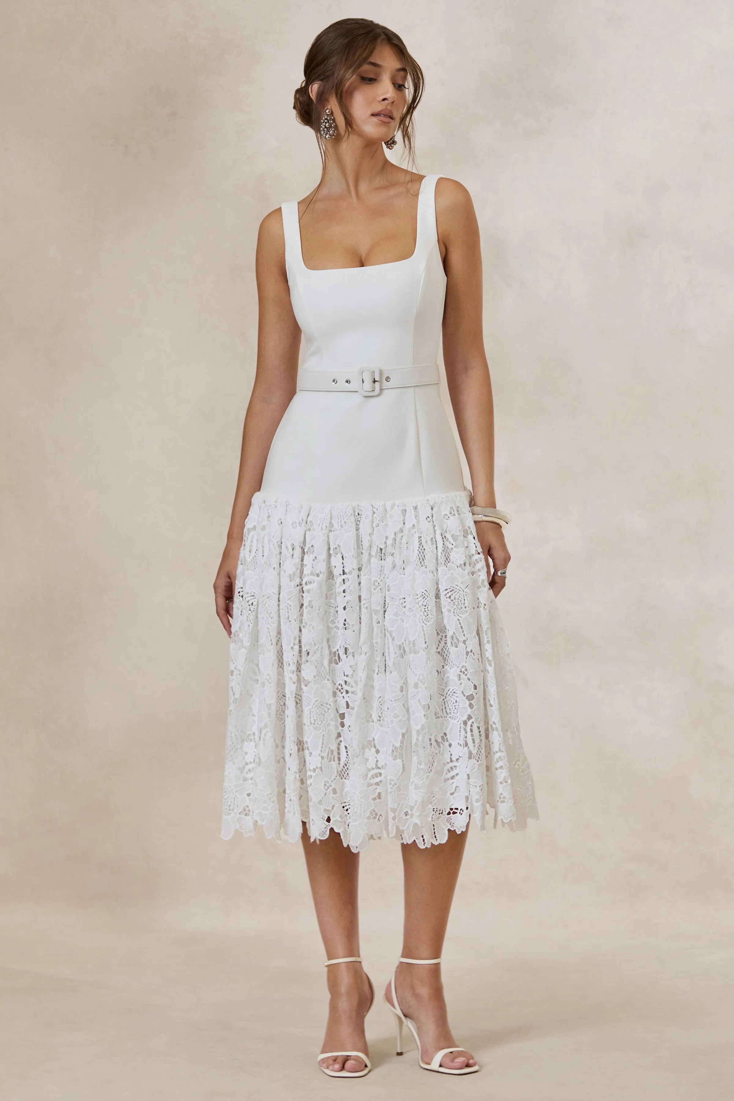 Norrie | White Lace Square-Neck Midi Dress With Voluminous Lace Skirt sold by Club L London