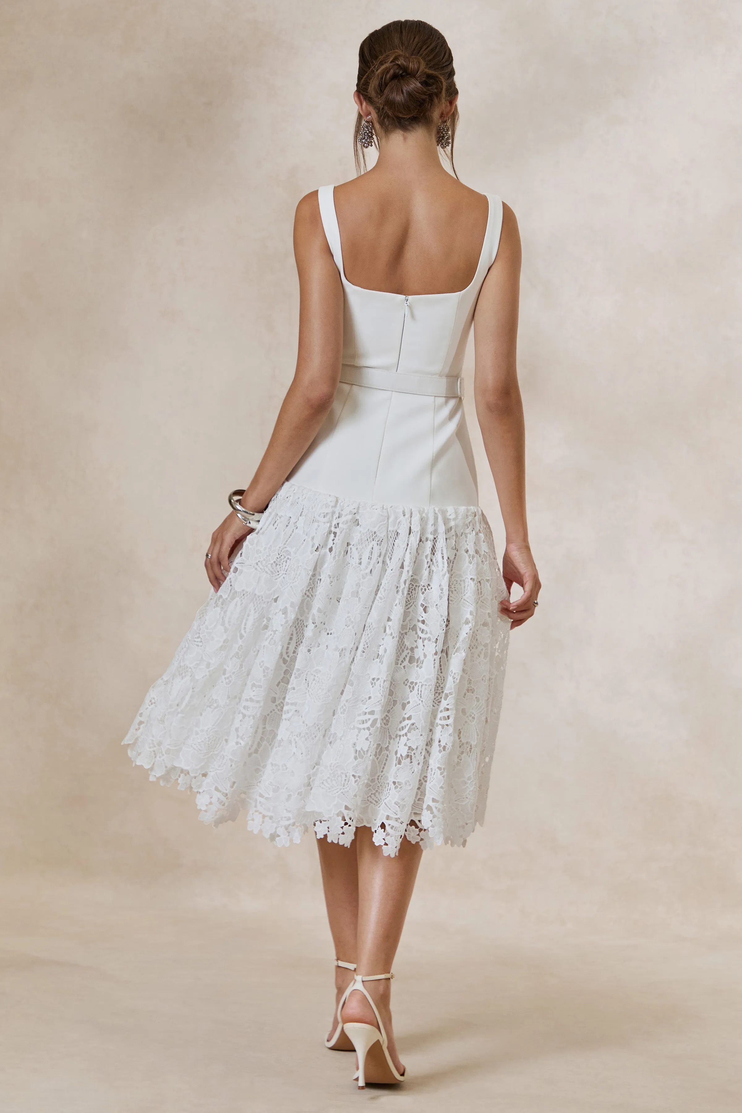 Norrie | White Lace Square-Neck Midi Dress With Voluminous Lace Skirt sold by Club L London product image thumbnail 2
