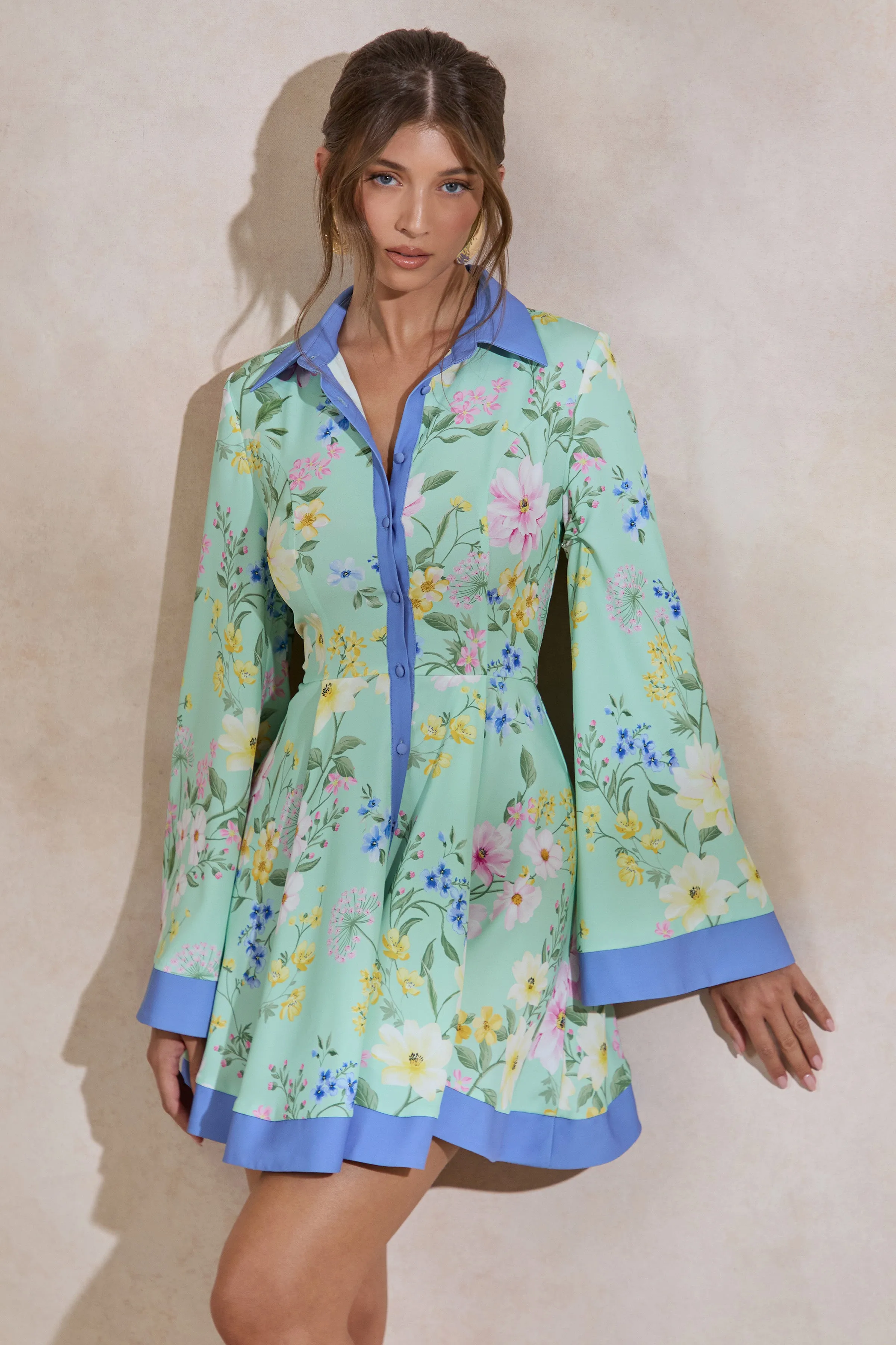 Ionee | Mint Floral Border Print Mini Shirt Dress sold by Club L London product image thumbnail 4