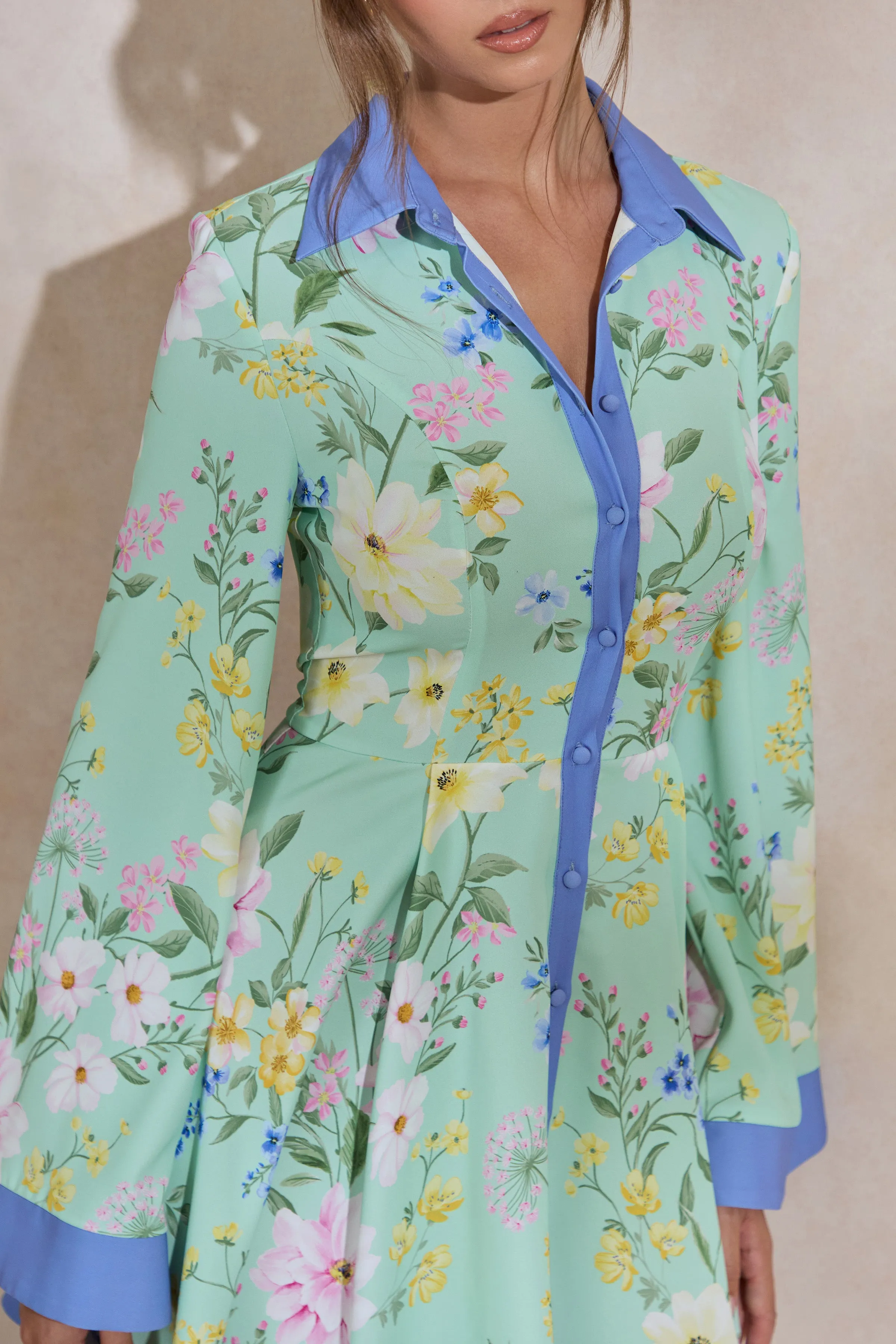 Ionee | Mint Floral Border Print Mini Shirt Dress sold by Club L London product image thumbnail 5