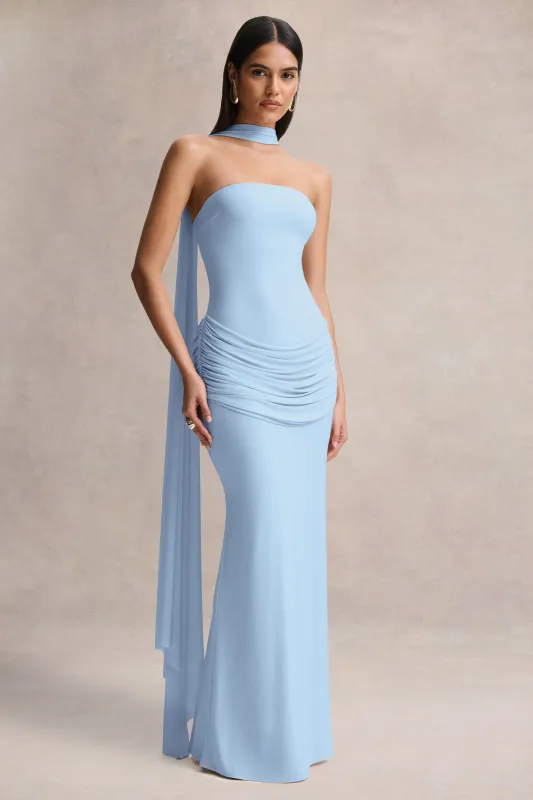 Graciella | Light Blue Bandeau Maxi Dress With Draped Detailing And Scarf made by Club L London