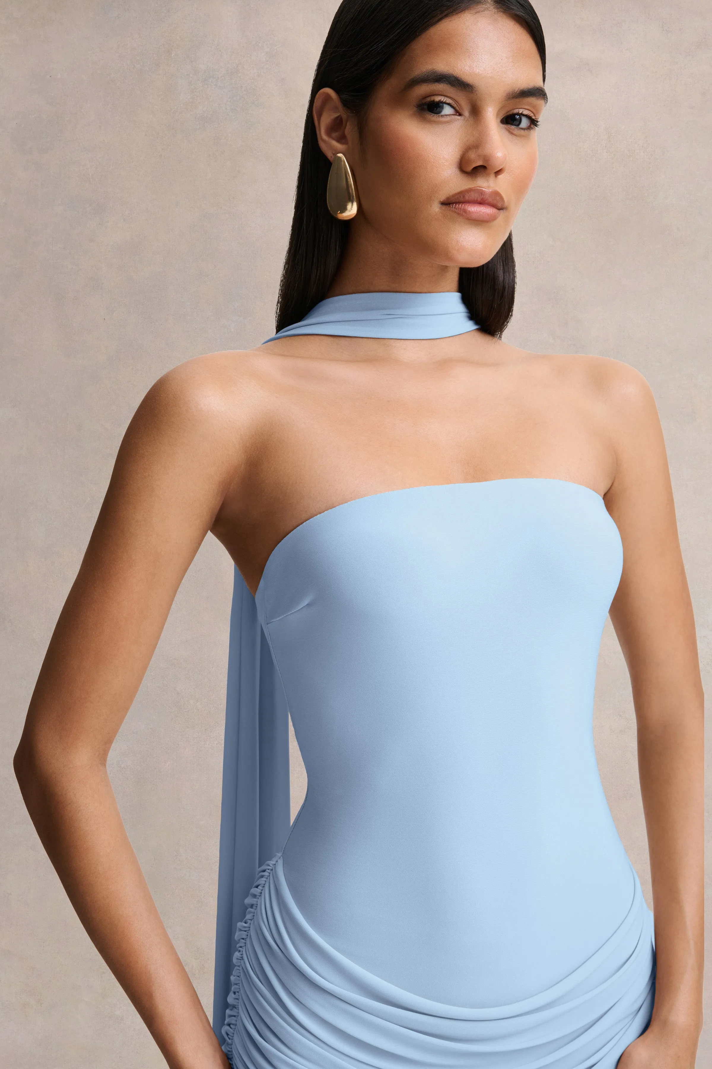 Graciella | Light Blue Bandeau Maxi Dress With Draped Detailing And Scarf sold by Club L London product image thumbnail 5