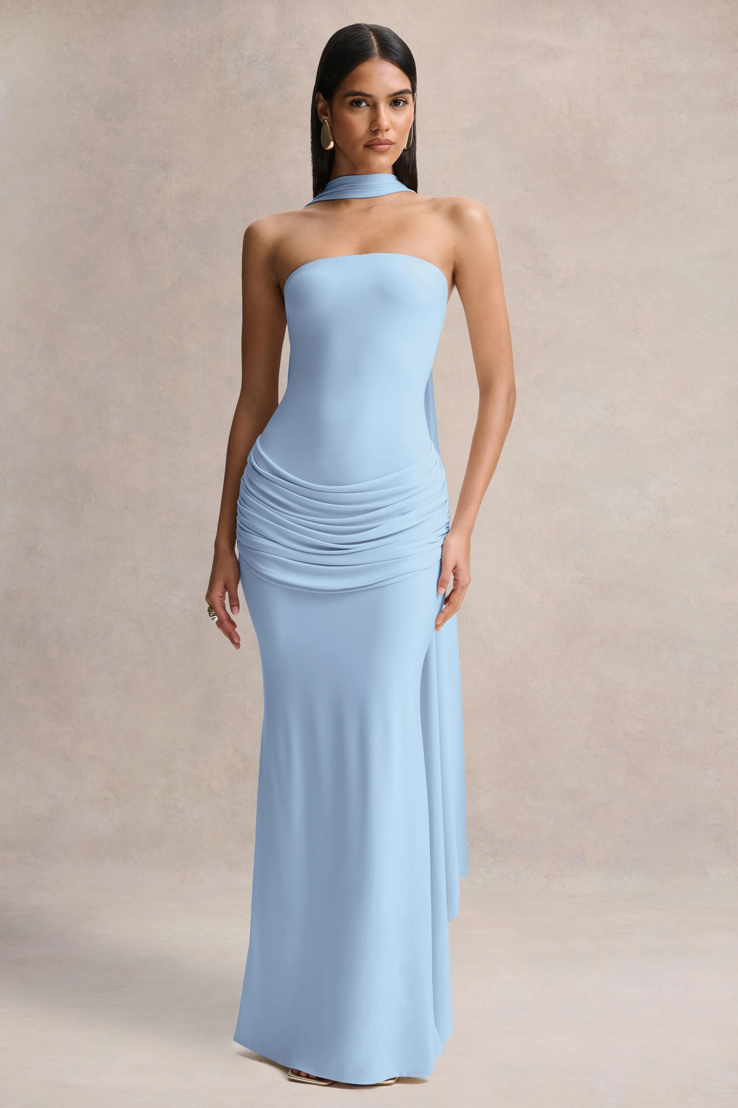 Graciella | Light Blue Bandeau Maxi Dress With Draped Detailing And Scarf sold by Club L London product image thumbnail 3