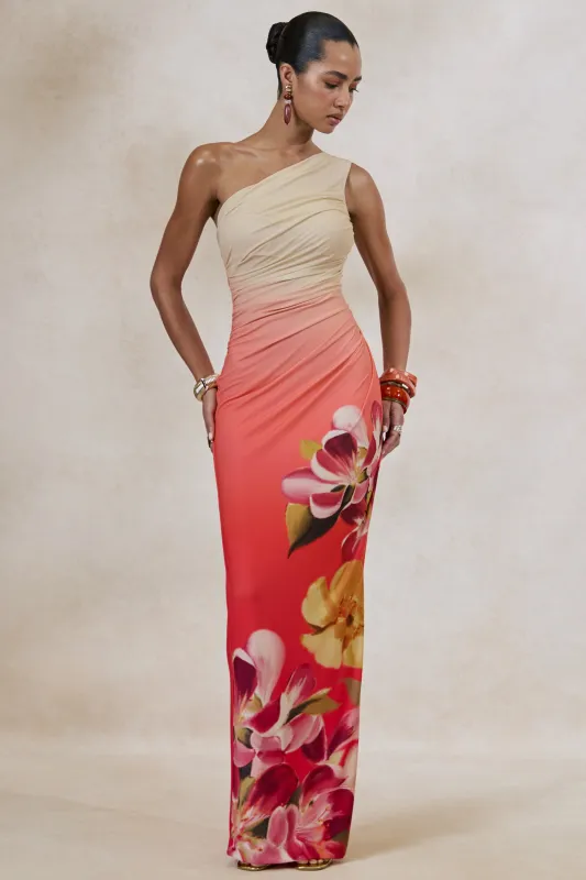 Hazel | Orange And Pink Floral Print Asymmetric-Neck Maxi Dress made by Club L London