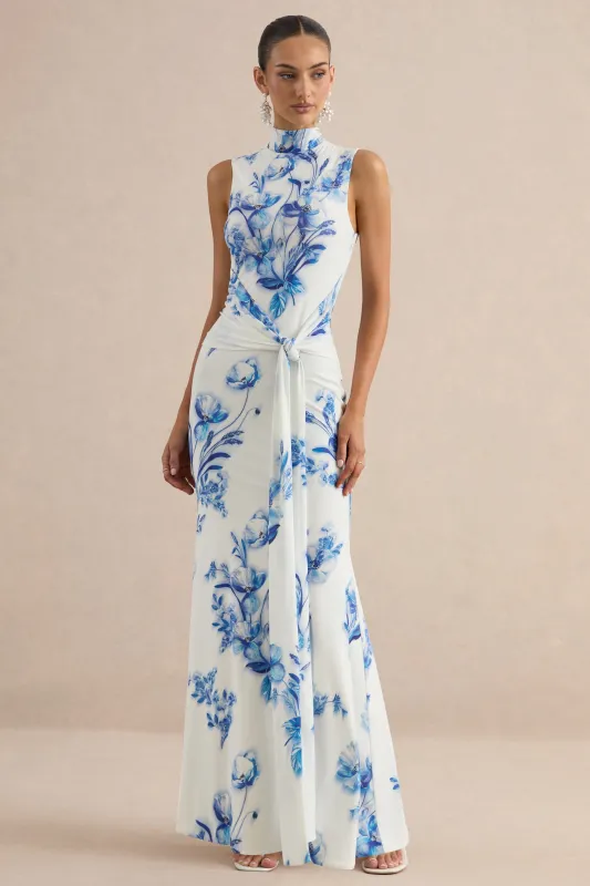 Isella | Blue Floral Print High-Neck Maxi Dress With Gathered Detailing made by Club L London