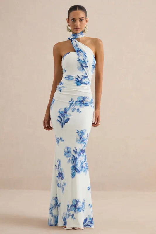 Iraida | Blue Floral Print High-Neck Maxi Dress With Scarf Detail made by Club L London