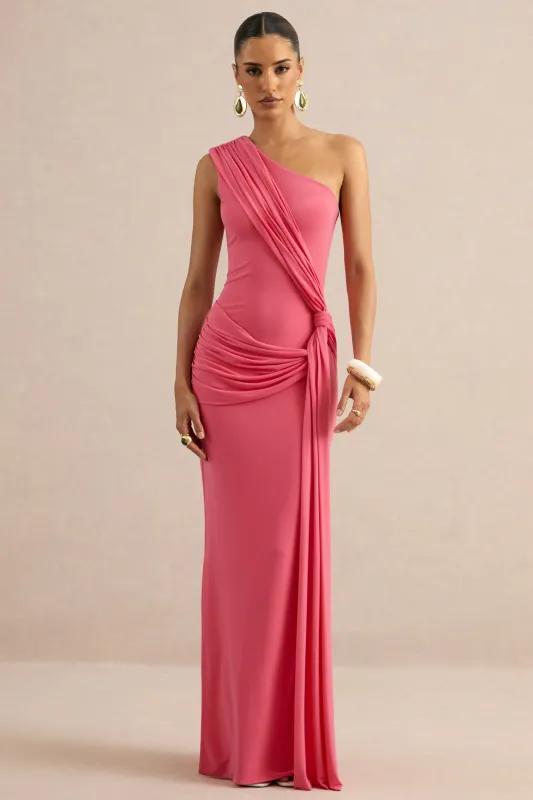 Lunoria | Coral Asymmetric-Neck Maxi Dress With Gathered-Detailing made by Club L London