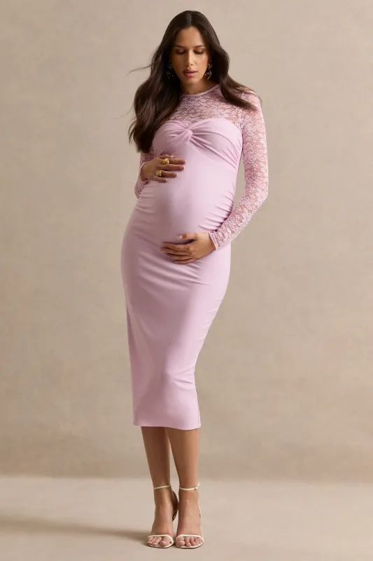 Darina | Light Pink Round-Neck Maternity Midi Dress With Lace Bodice made by Club L London