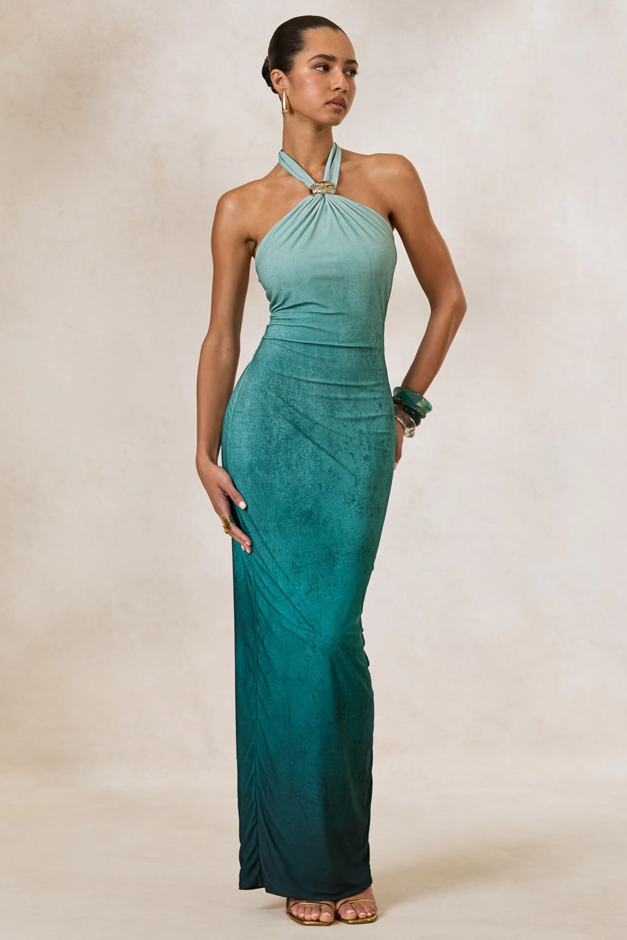 Thera | Turquoise Ombre Halter-Neck Maxi Dress With Gold Detail sold by Club L London product image thumbnail 4