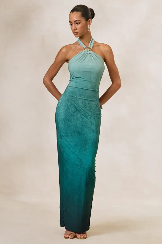 Thera | Turquoise Ombre Halter-Neck Maxi Dress With Gold Detail made by Club L London