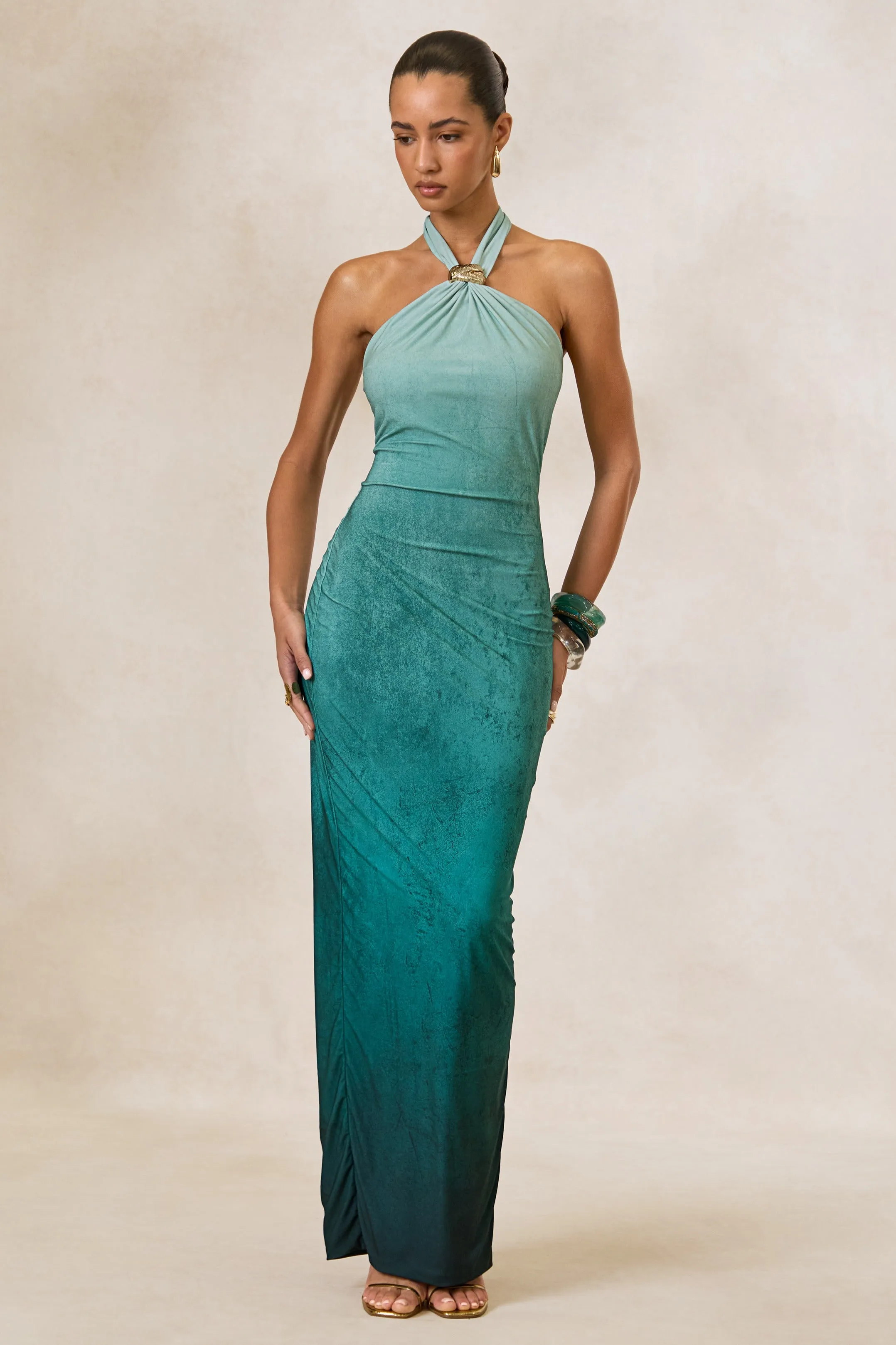 Thera | Turquoise Ombre Halter-Neck Maxi Dress With Gold Detail sold by Club L London product image thumbnail 5