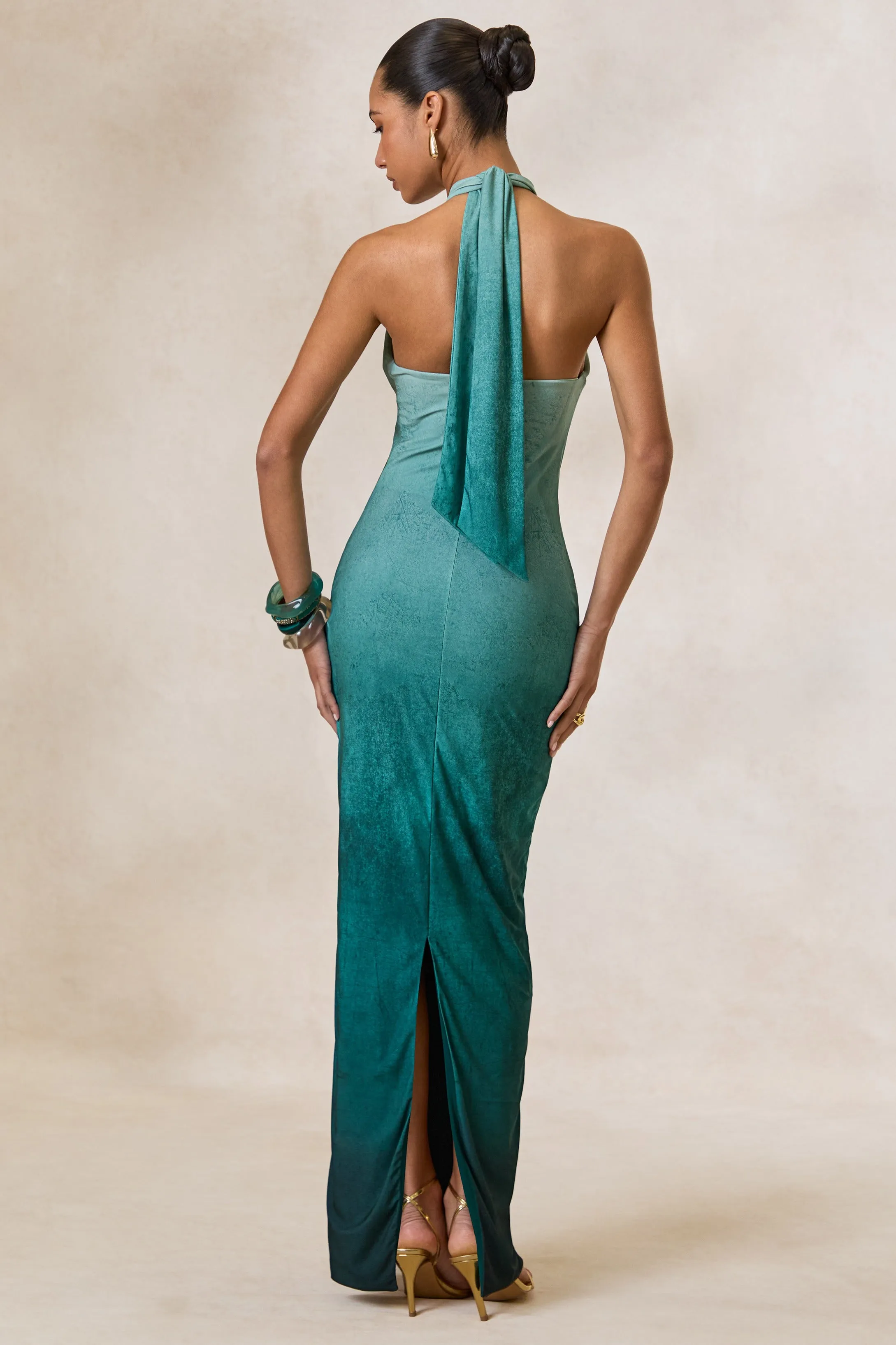 Thera | Turquoise Ombre Halter-Neck Maxi Dress With Gold Detail sold by Club L London product image thumbnail 2