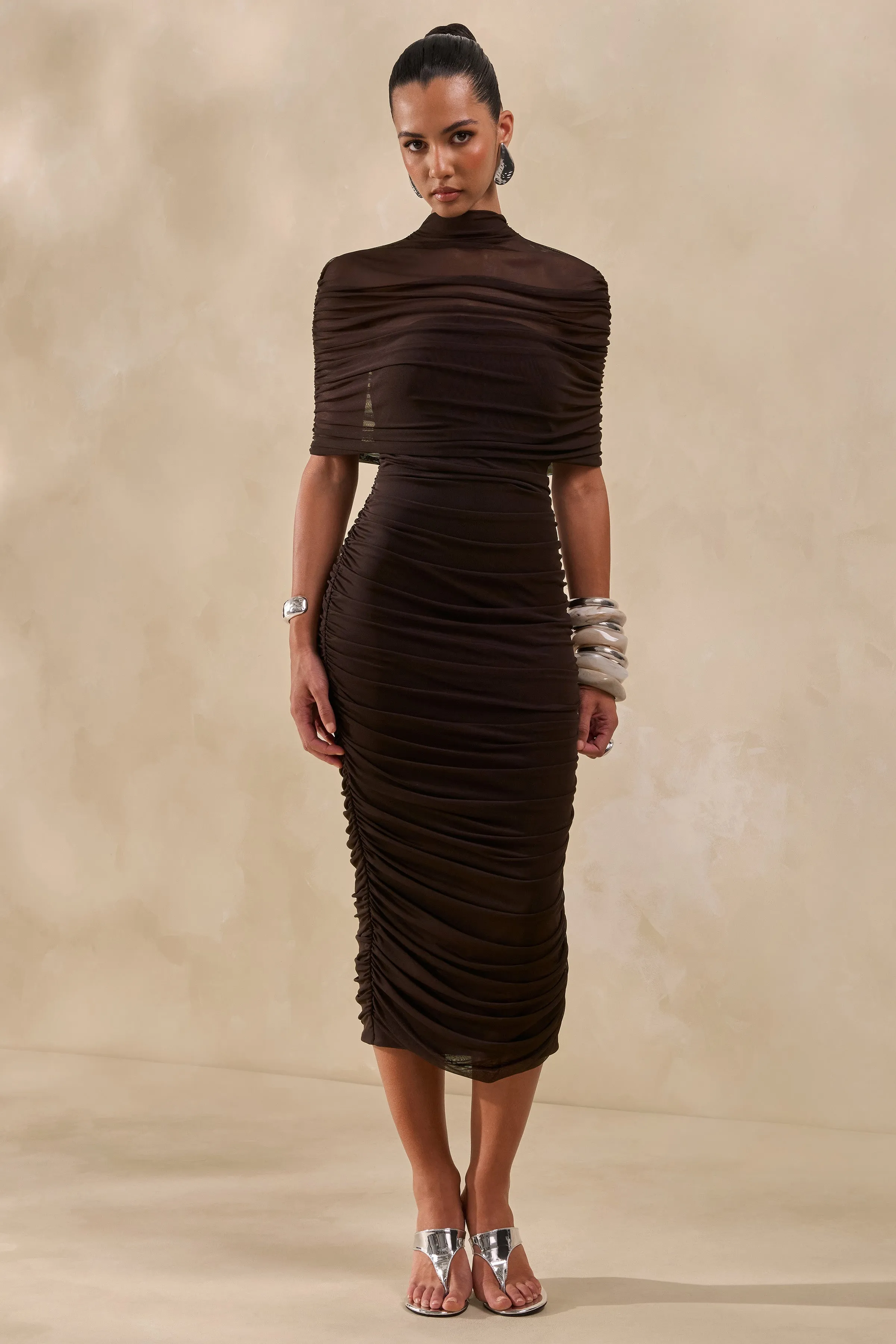 Astrae | Brown High-Neck Midi Dress With Short Mesh-Cape sold by Club L London