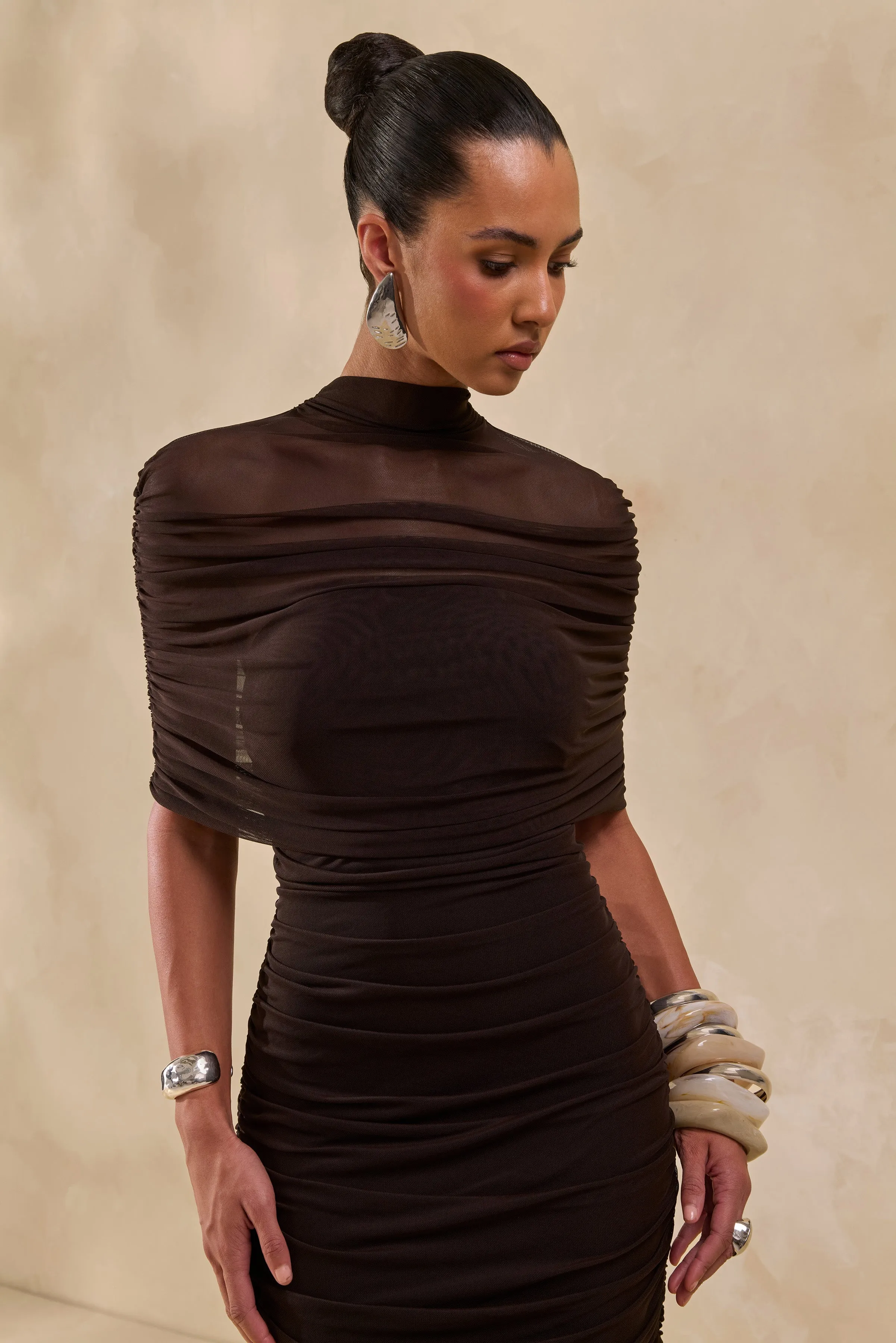 Astrae | Brown High-Neck Midi Dress With Short Mesh-Cape sold by Club L London product image thumbnail 5