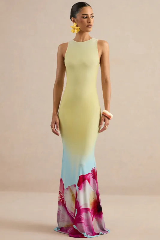 Marlo | Yellow Ombre Lily Print Maxi Dress made by Club L London