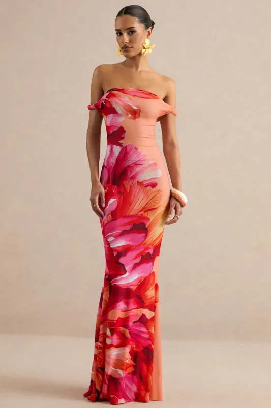 Katia | Hot Pink Placement Floral Print Asymmetric-Neck Maxi Dress made by Club L London