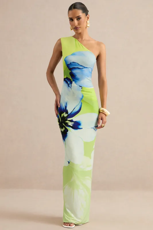 Niya | Lime And Blue Floral Placement Print Asymmetric-Neck Maxi Dress made by Club L London