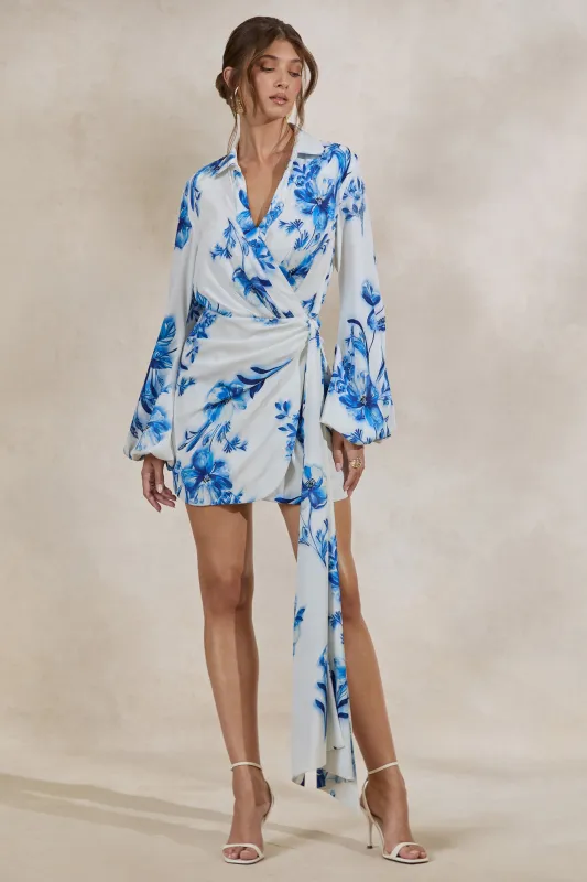 Itzara | Blue Floral Print Plunge-Neck Wrap Dress With Belt Detail made by Club L London