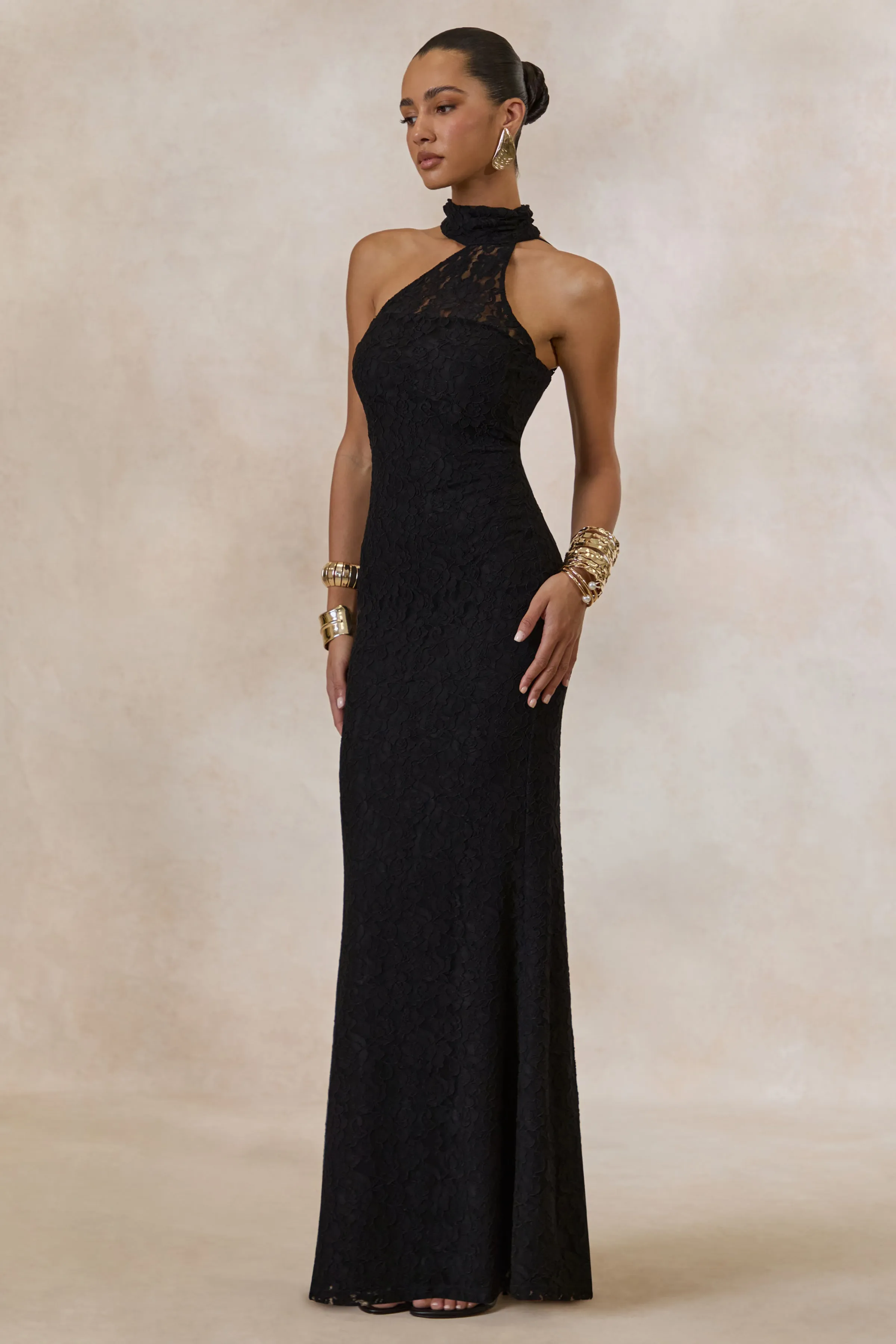 Almaria | Black Lace Asymmetric-Neck Maxi Dress With Collar-Detail sold by Club L London product image thumbnail 5